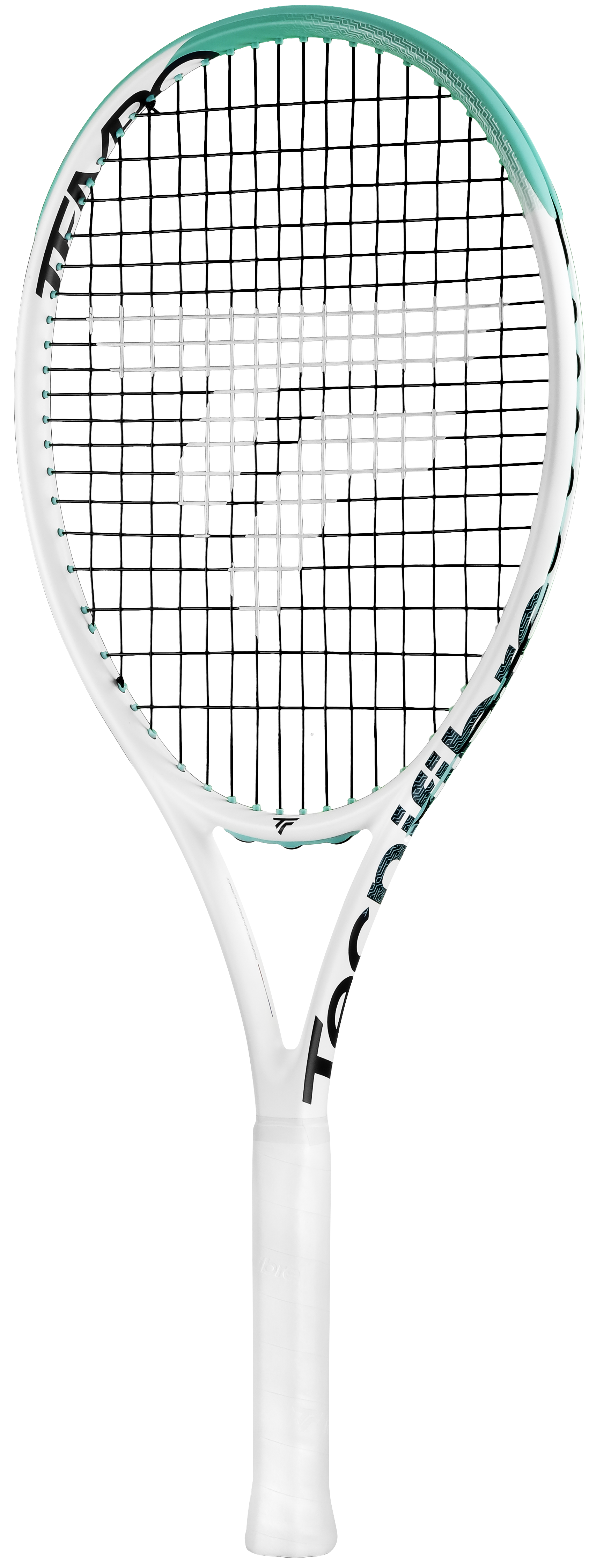 White Tecnifibre Tempo 265 tennis racquet with teal accents and black strings, unstrung.