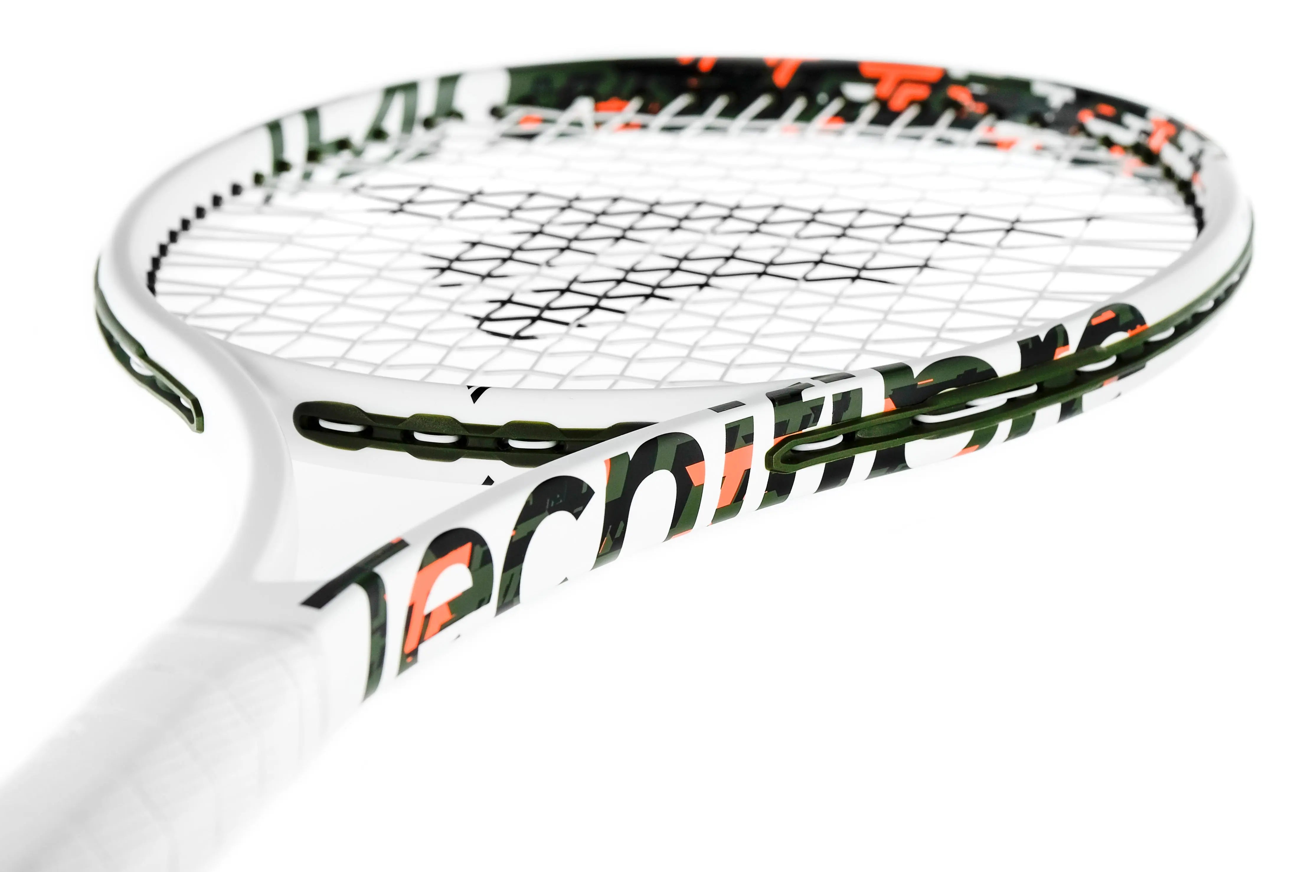 White Tecnifibre TF40 290 tennis racquet with green and orange camouflage accents and white strings.
