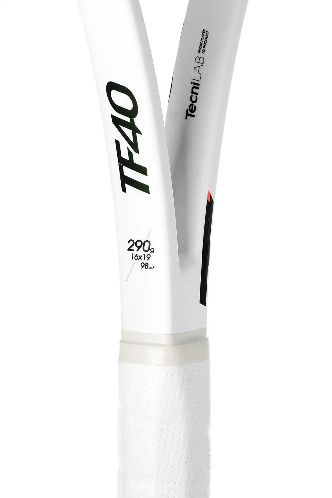 White Tecnifibre TF40 290g tennis racquet handle and throat, showing 16x19 string pattern and 98 sq. in. head size.