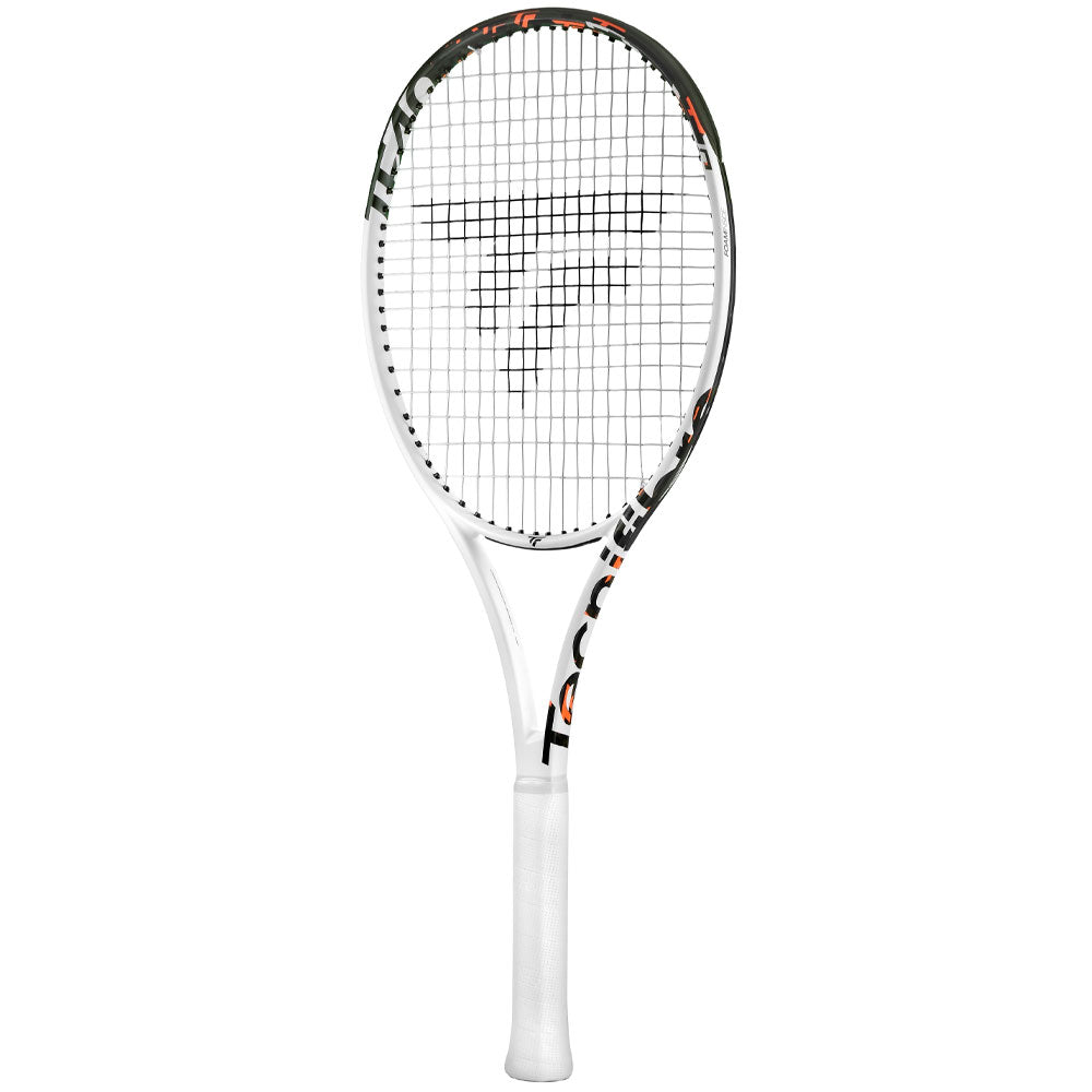 White Tecnifibre TF40 305 tennis racquet with orange and black accents, 18x20 string pattern.