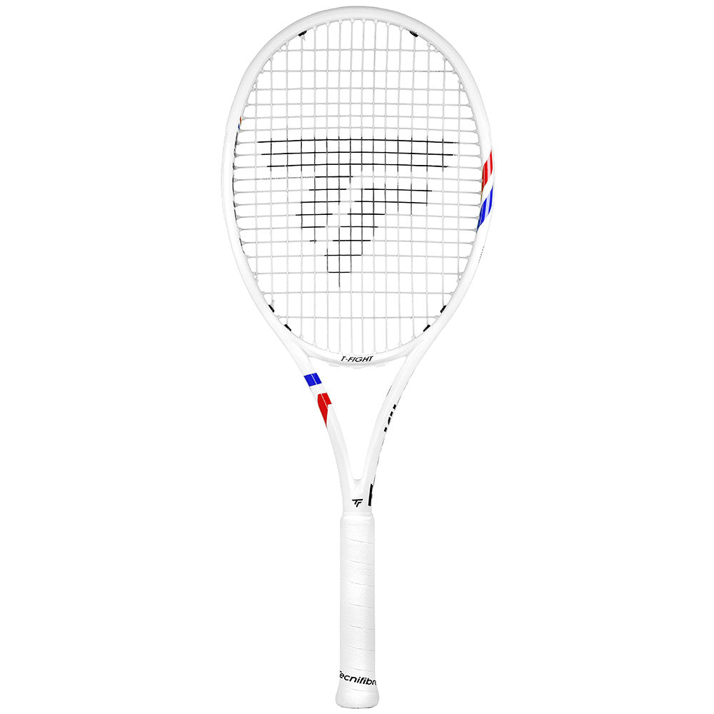 White Tecnifibre TFight 300S tennis racquet with red and blue accents, unstrung.