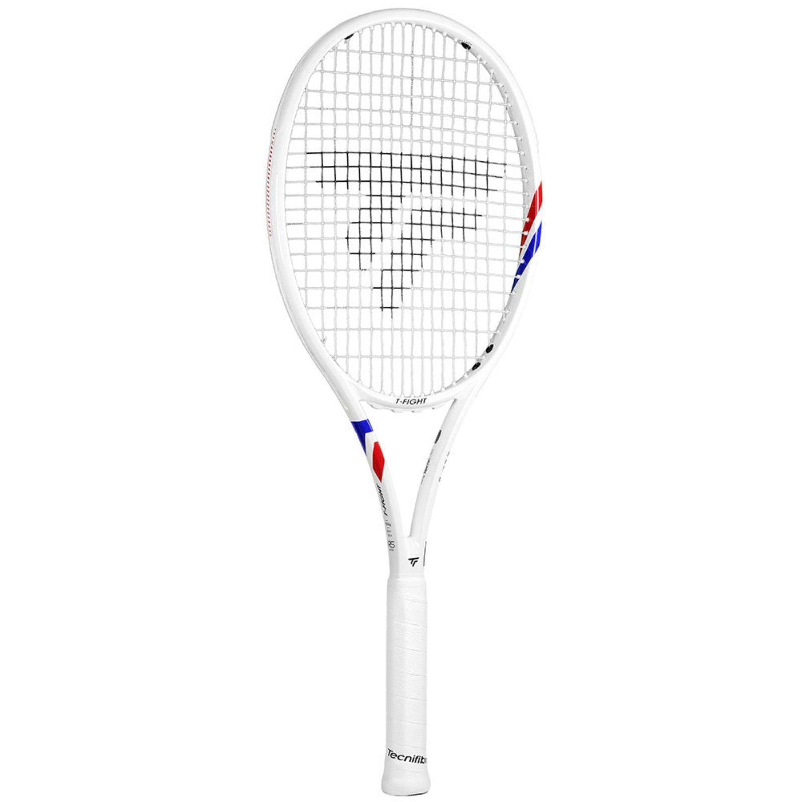 White Tecnifibre TFight 305S tennis racquet with red and blue accents, unstrung.