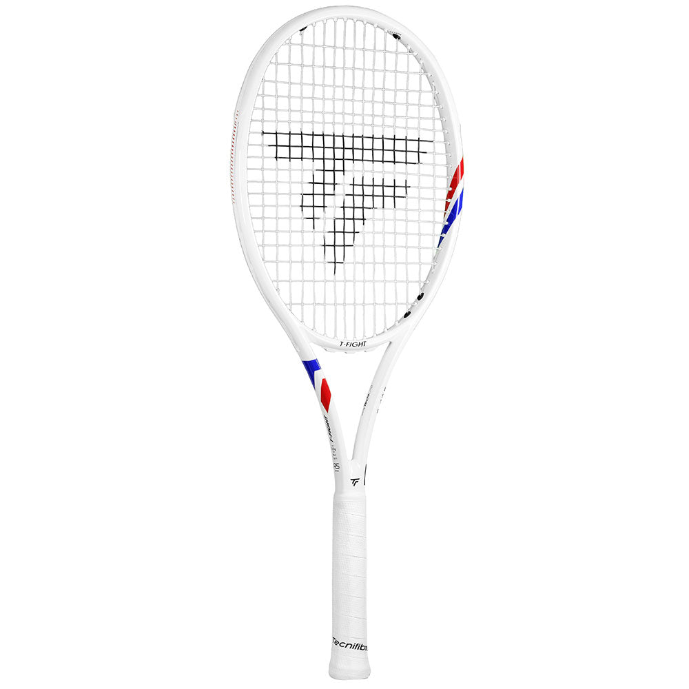 White Tecnifibre TFight 315S tennis racquet with red and blue accents, unstrung, on a white background.