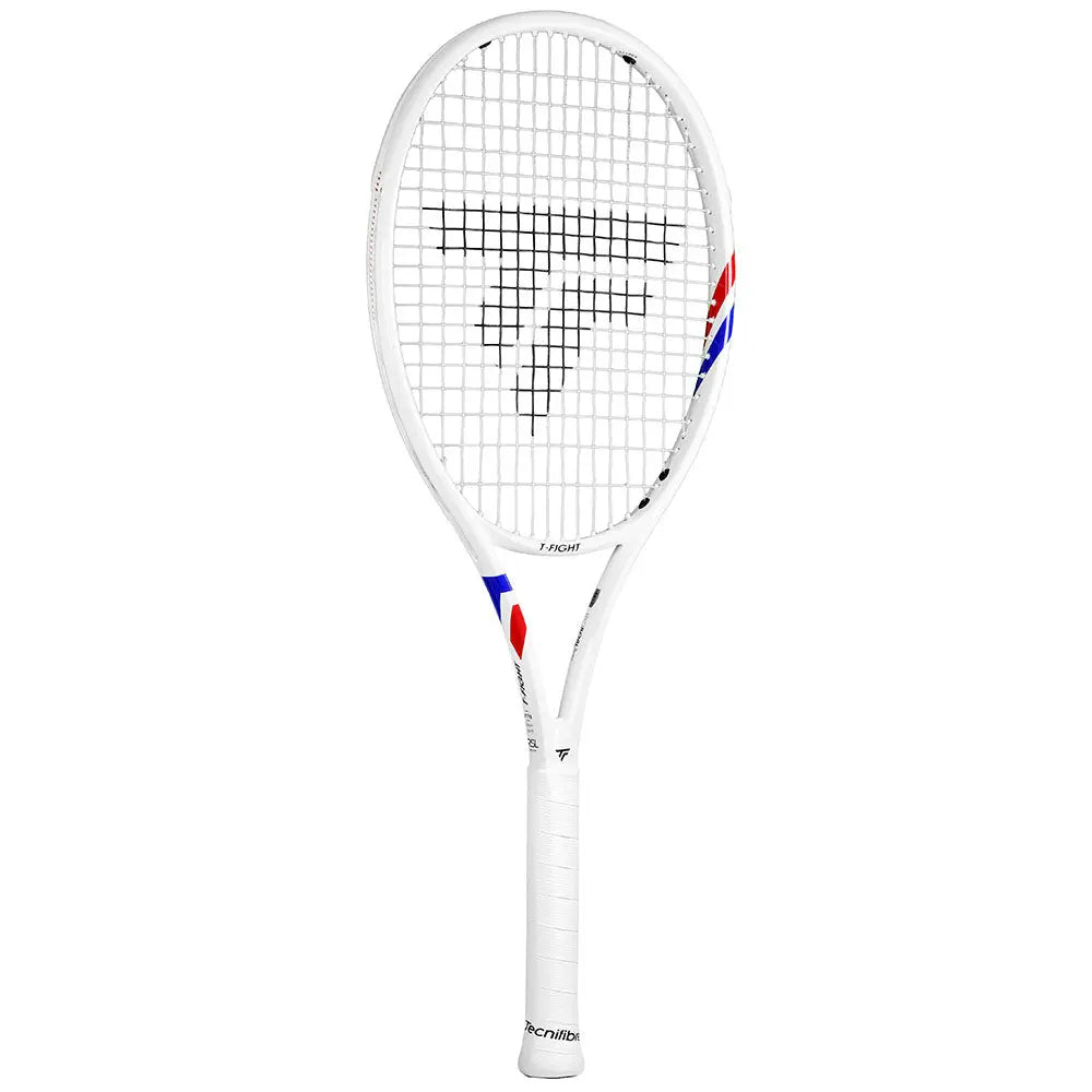 White Tecnifibre TFight Isoflex 255 tennis racquet with red and blue accents.