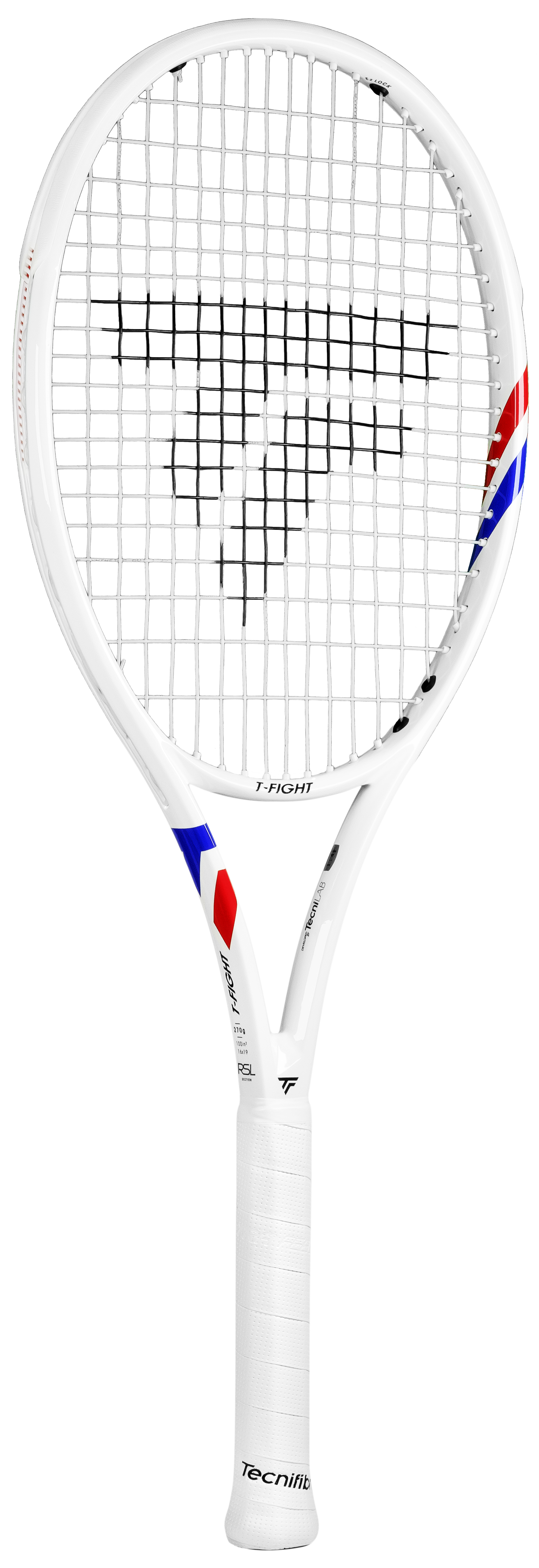White Tecnifibre TFight Isoflex 270 tennis racquet with red and blue accents, black strings, and white grip.
