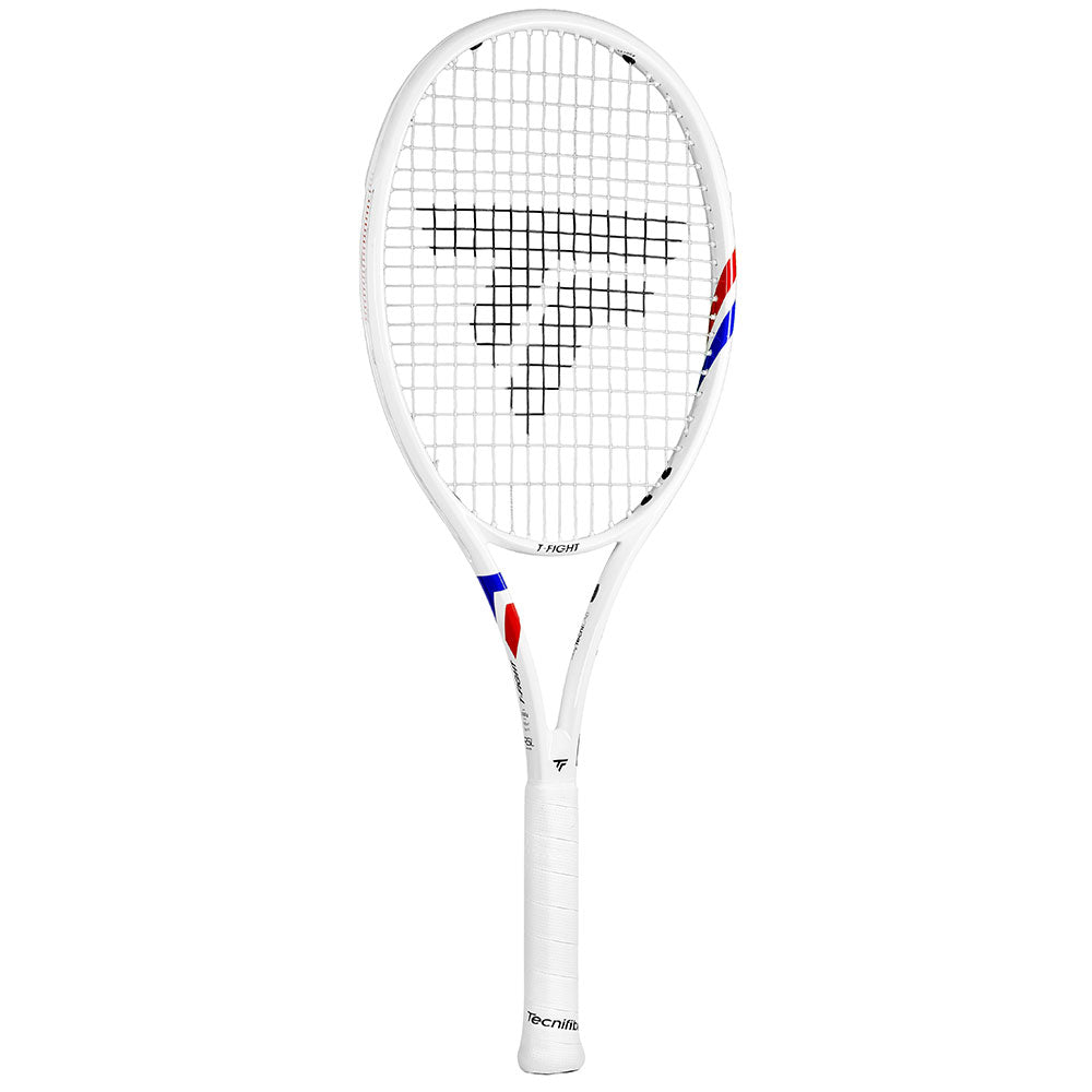 White Tecnifibre TFight Isoflex 300 tennis racquet with red and blue accents.