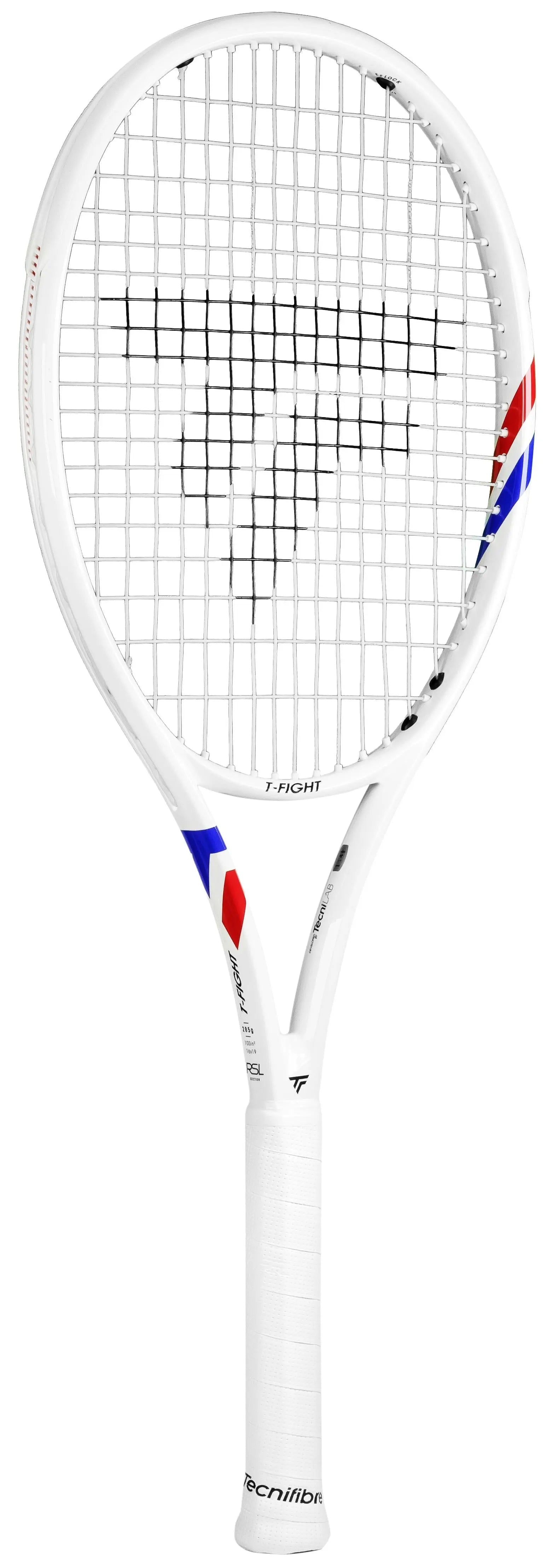 White Tecnifibre TFight Team (285g) tennis racquet with red and blue accents, white grip, and black strings.