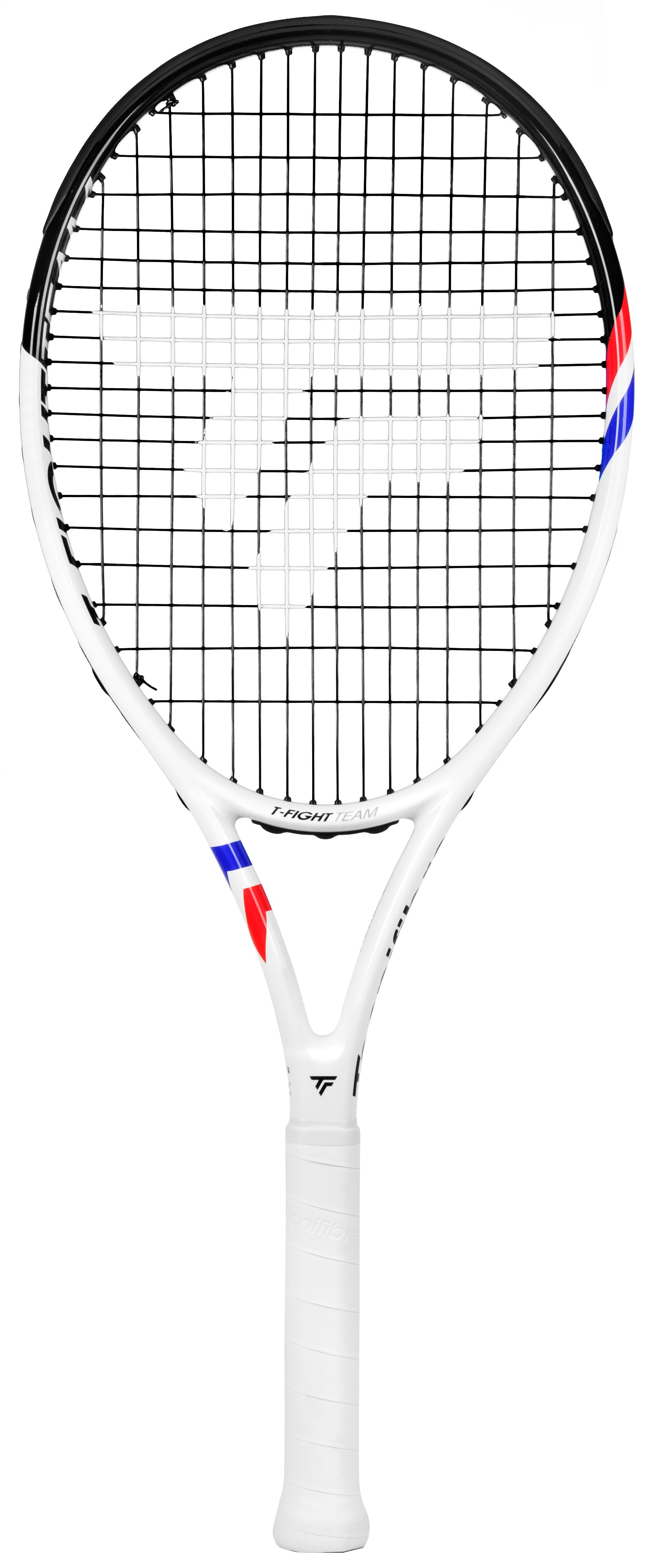 White Tecnifibre TFight Team L (270g) tennis racquet with black strings and red/blue accents.