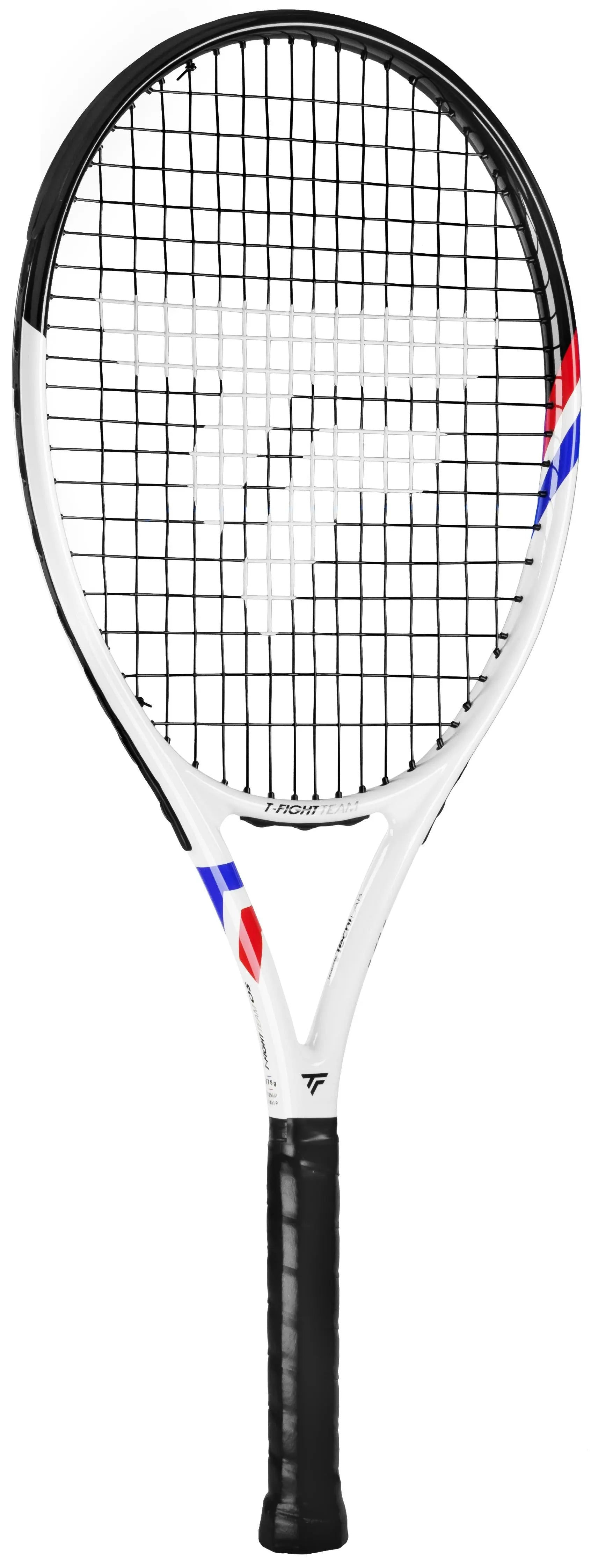 White Tecnifibre TFight Team OS tennis racquet with black grip and red/blue accents.