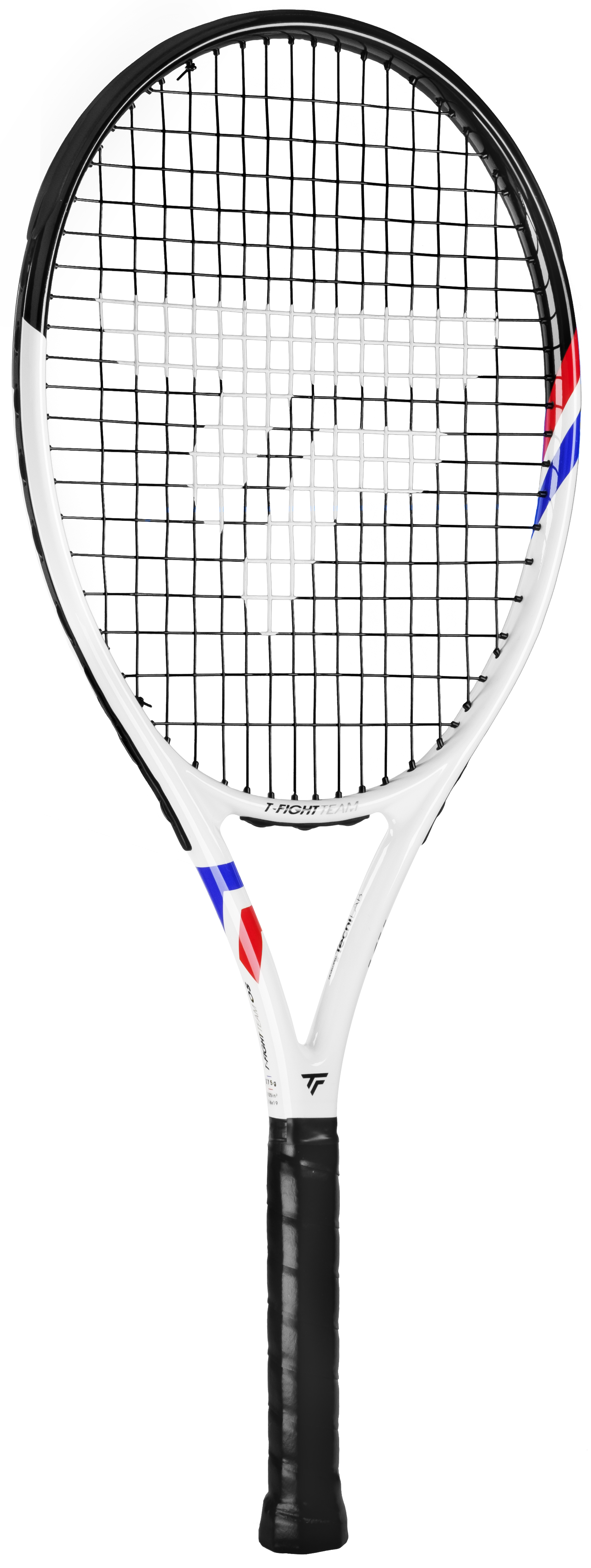 White Tecnifibre TFight Team OS tennis racquet with black grip and red/blue accents.