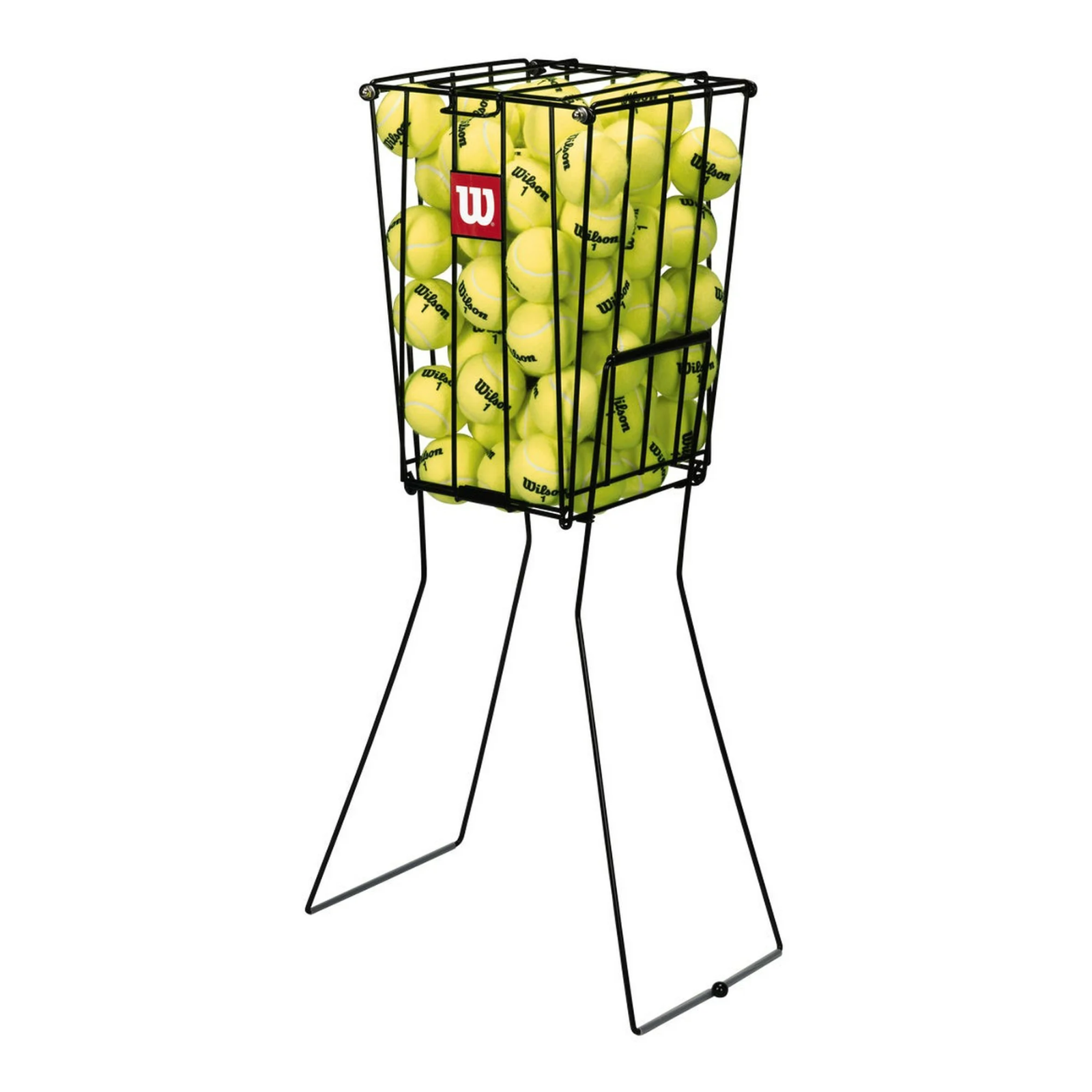 Black Wilson tennis ball pick-up basket (75) filled with yellow tennis balls, on stable legs.