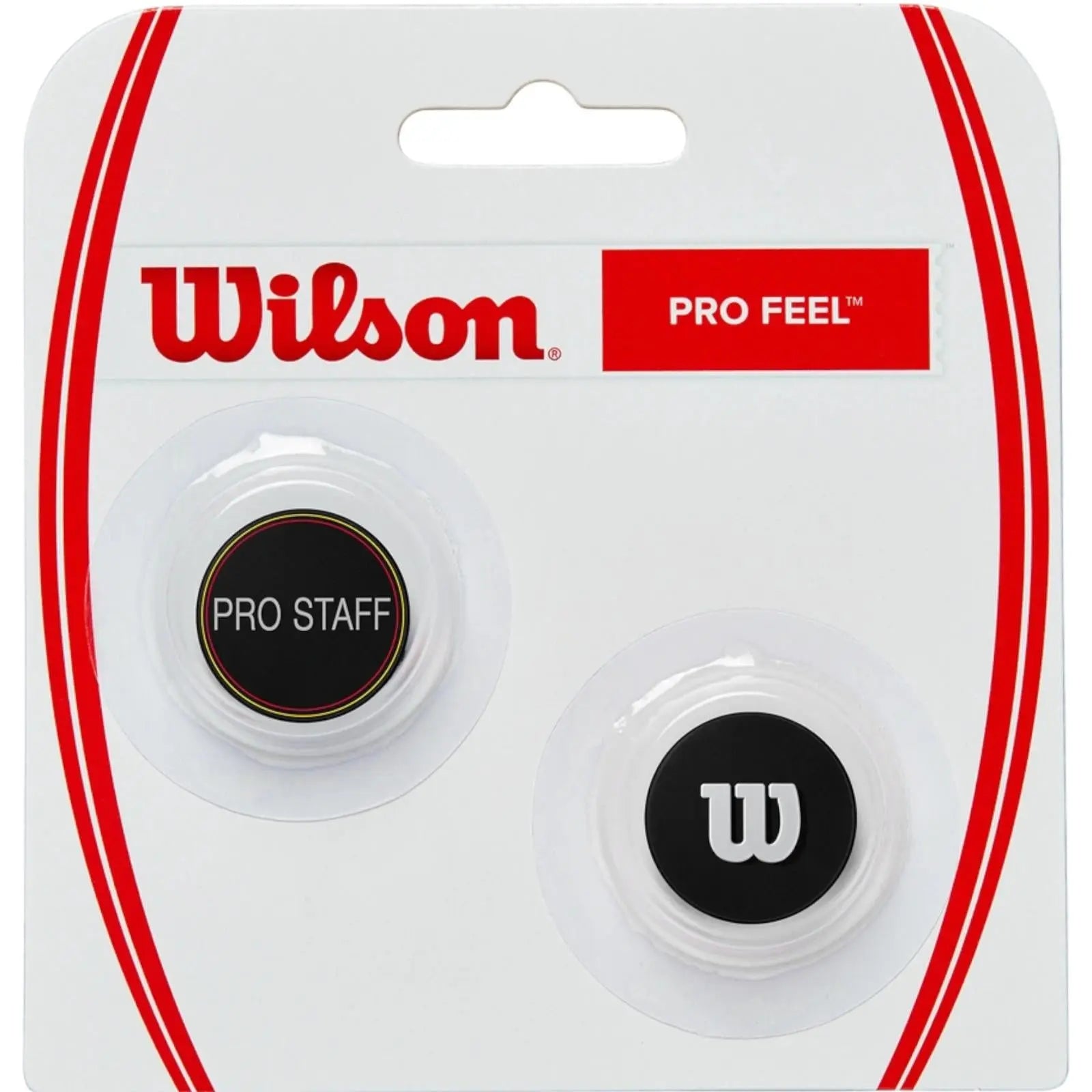 Wilson Pro Feel Pro Staff tennis dampeners, white with black logos, in clear blister packaging.