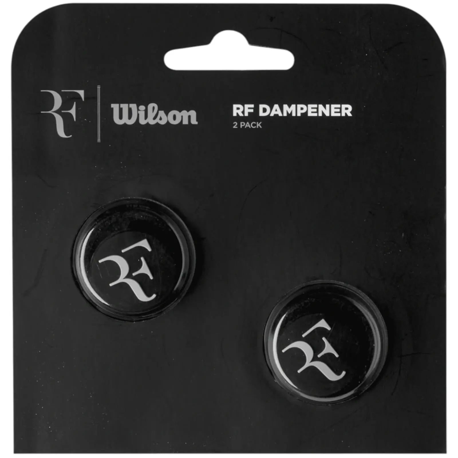 Black Wilson RF tennis dampeners, 2-pack, with white Roger Federer logo on silicone.