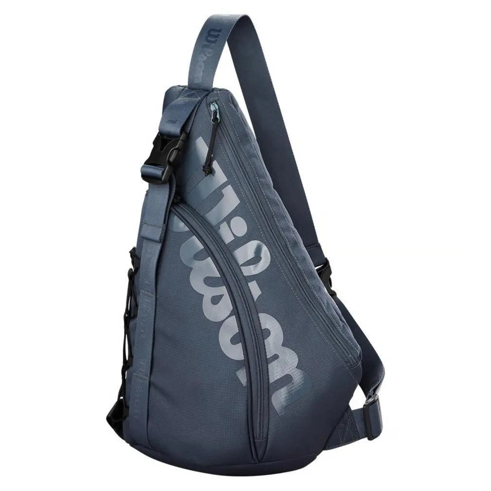 Gray Wilson Triangle Pickleball Sling Bag with large logo, adjustable strap, and exterior zipper pockets.