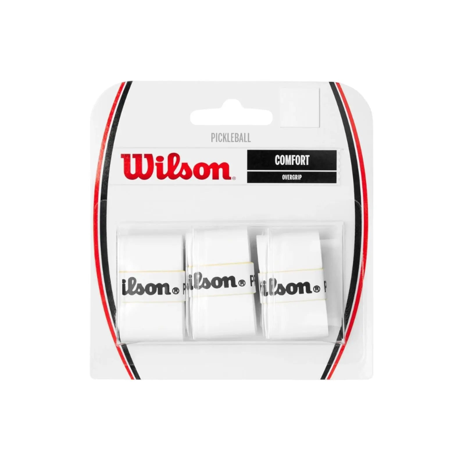 Pack of three white Wilson Comfort Pro Pickleball Overgrips, 31-inch length, in retail packaging.