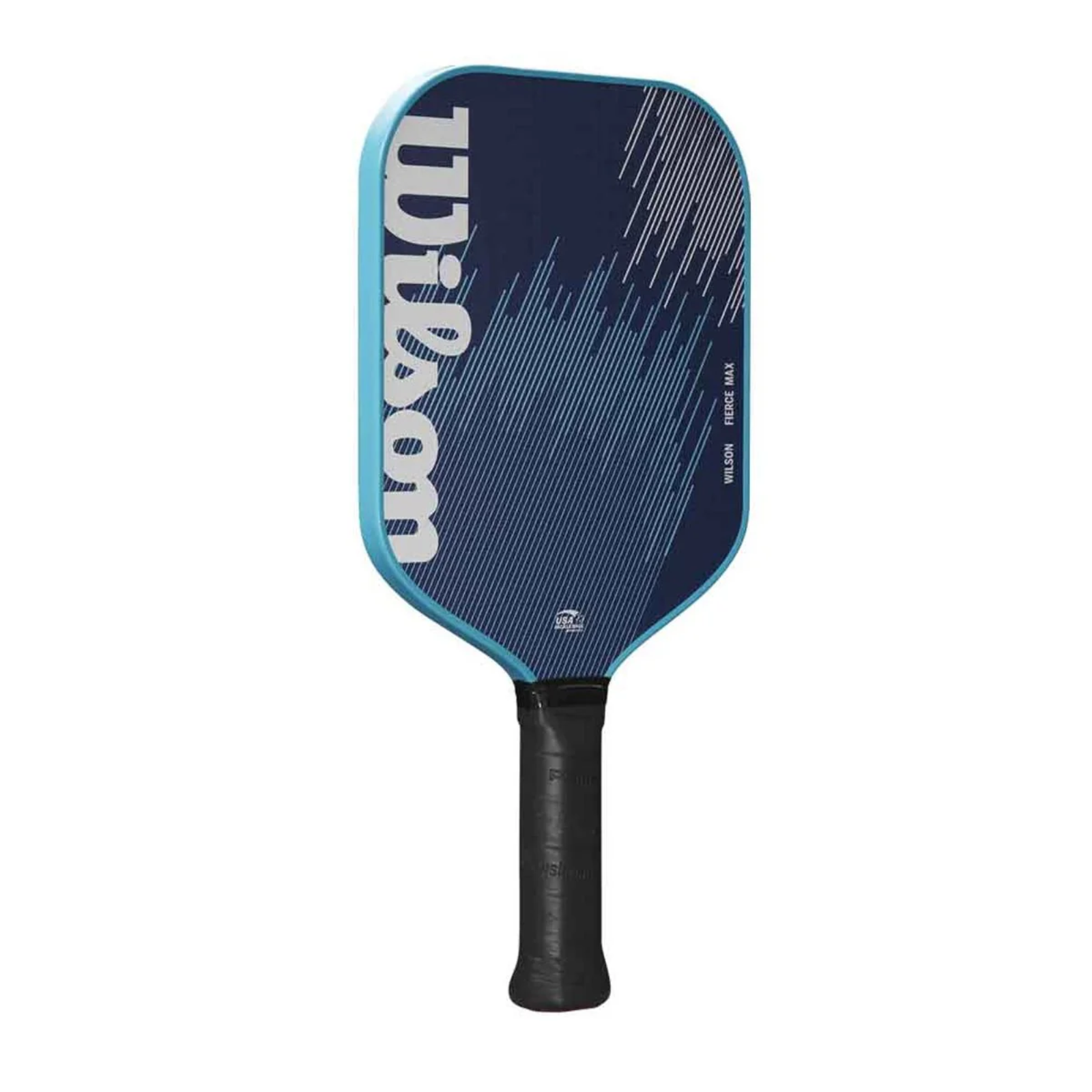 Blue Wilson Fierce Max 13mm pickleball paddle with a black grip and modern white stripe design.