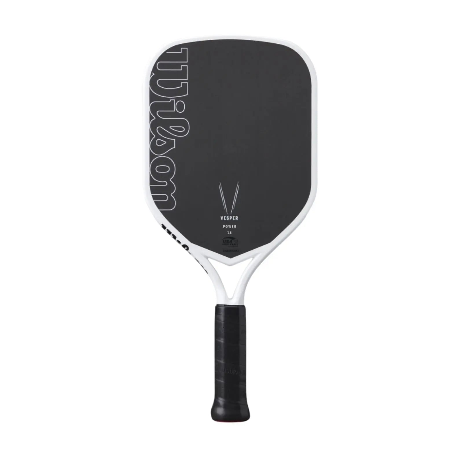 Black and white Wilson Vesper Power 14 pickleball paddle with elongated shape and extended handle.