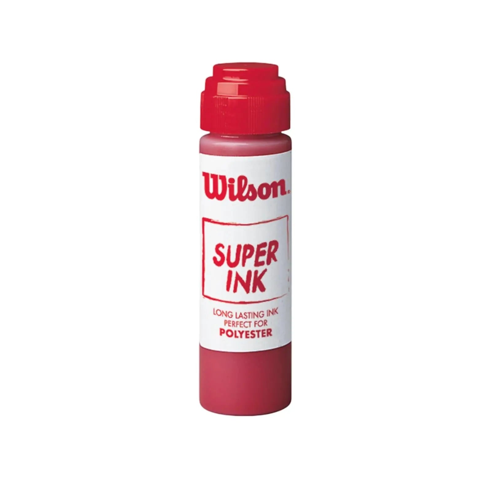 Red Wilson Super Ink bottle for marking tennis strings, long-lasting on polyester.