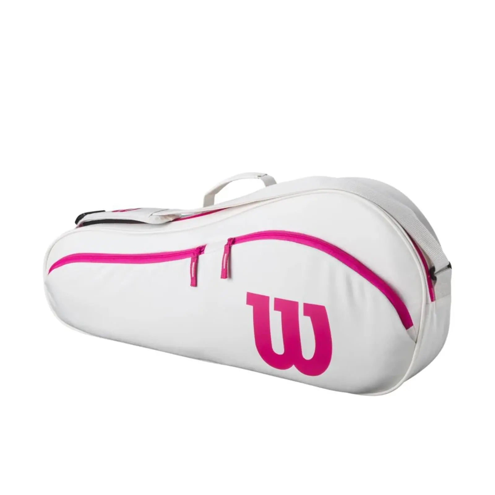 White Wilson tennis bag with pink trim and logo, designed for 3 racquets.