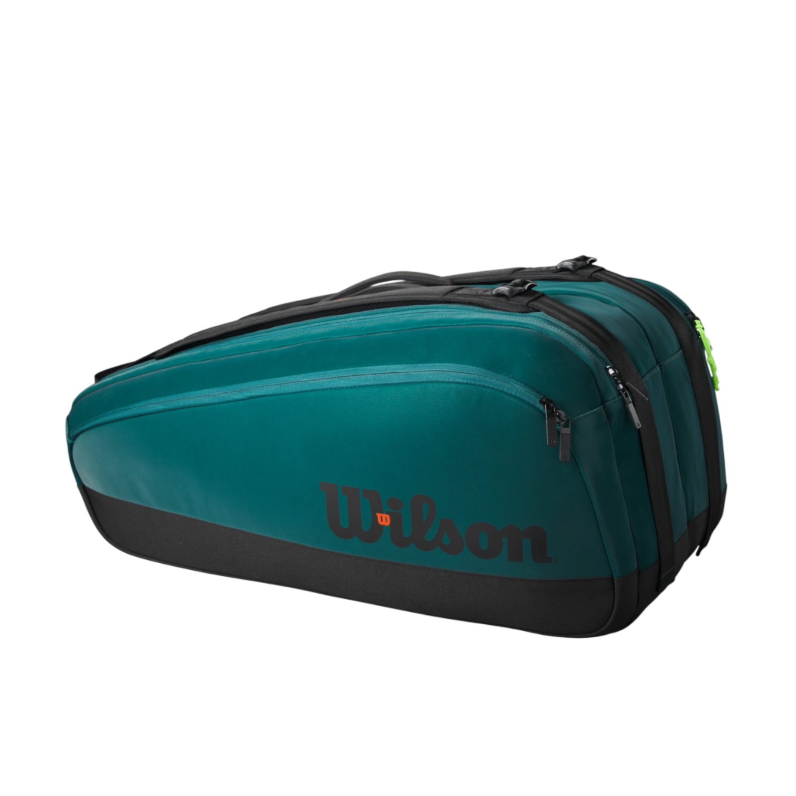 Emerald green Wilson Blade Super Tour 9 tennis bag with black accents and orange logo, designed for rackets.