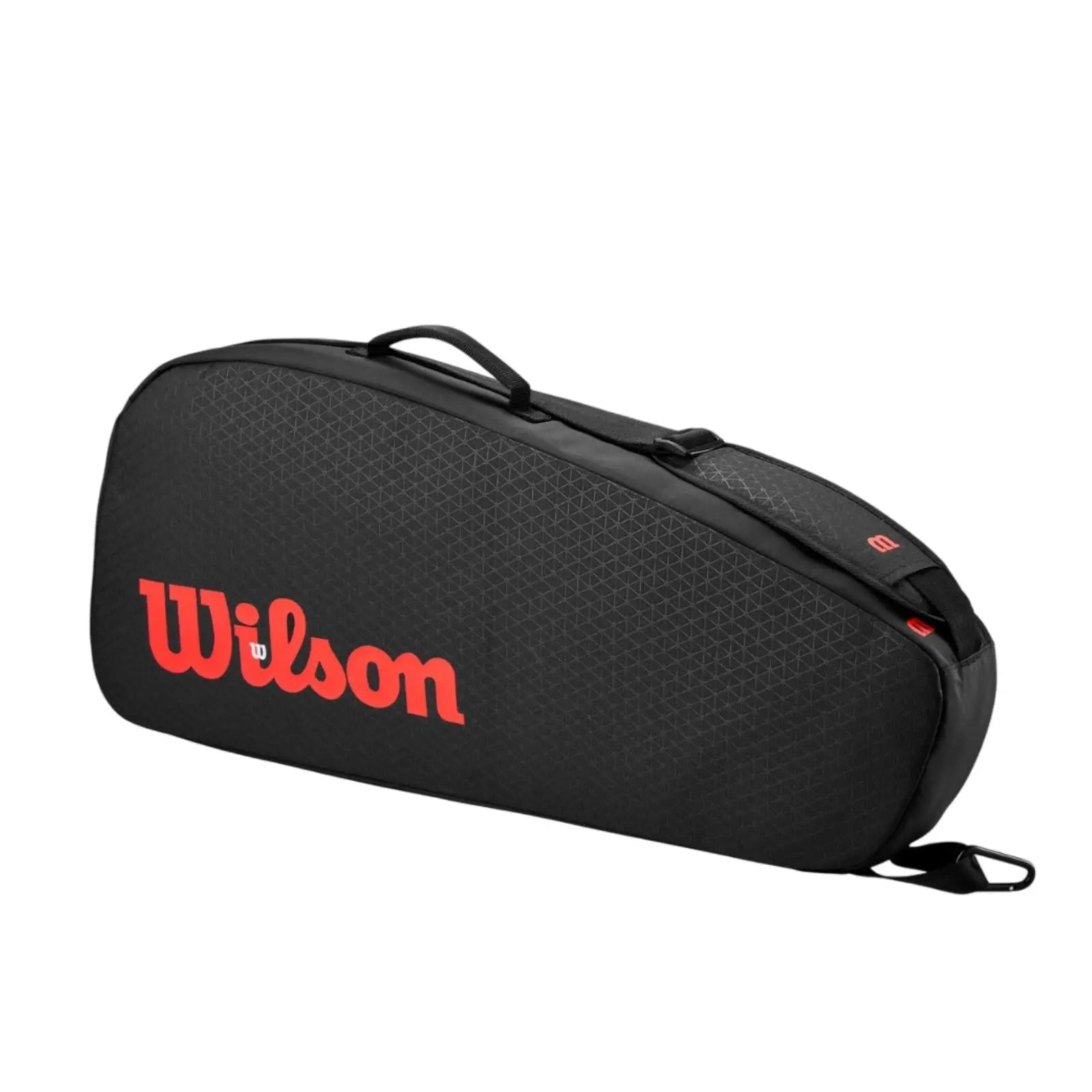 Black Wilson Super Tour Clash v3 3-racquet tennis bag with red logo and subtle triangle pattern.