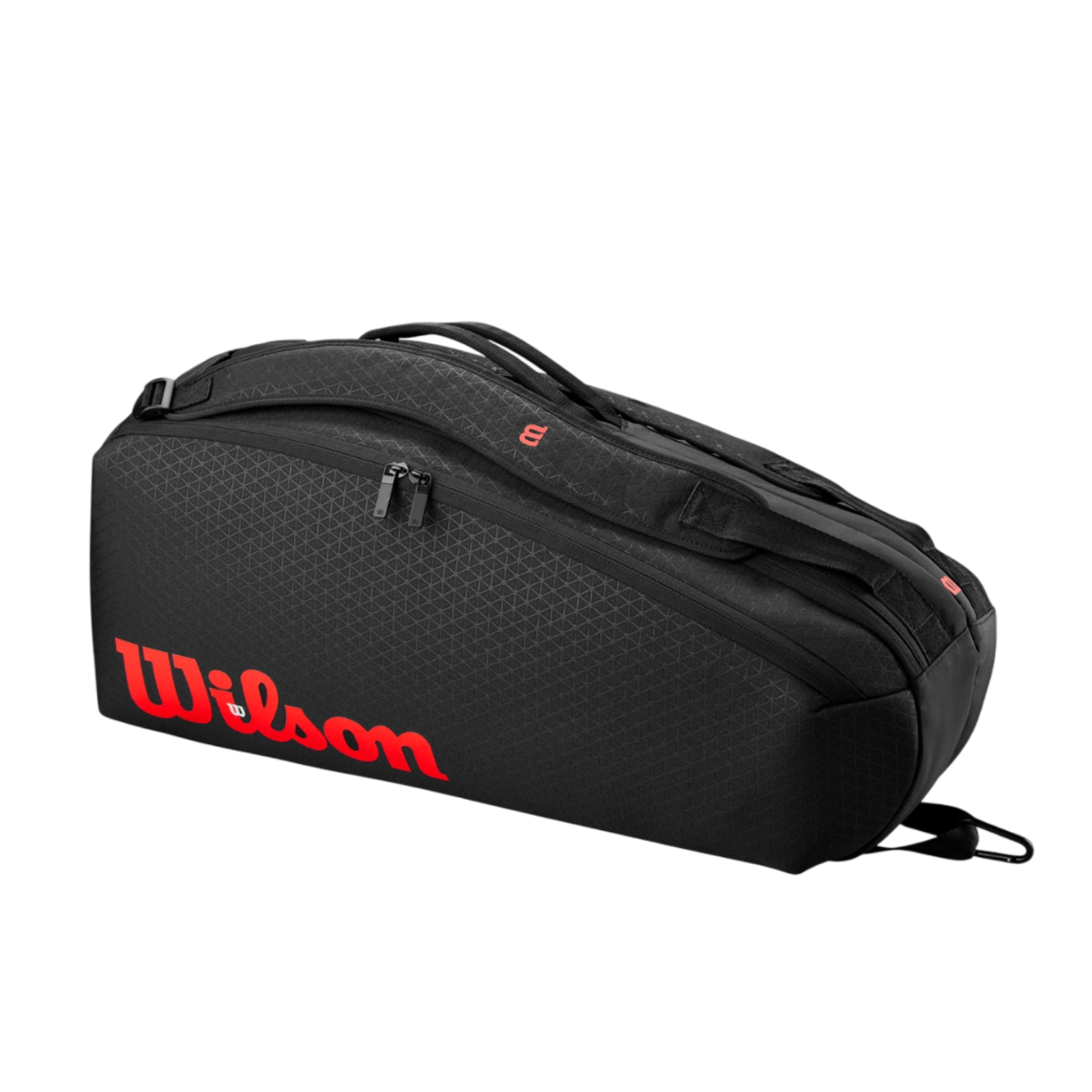 Black Wilson Super Tour Clash v3 6 Racquet tennis bag with red logo and subtle triangle pattern.