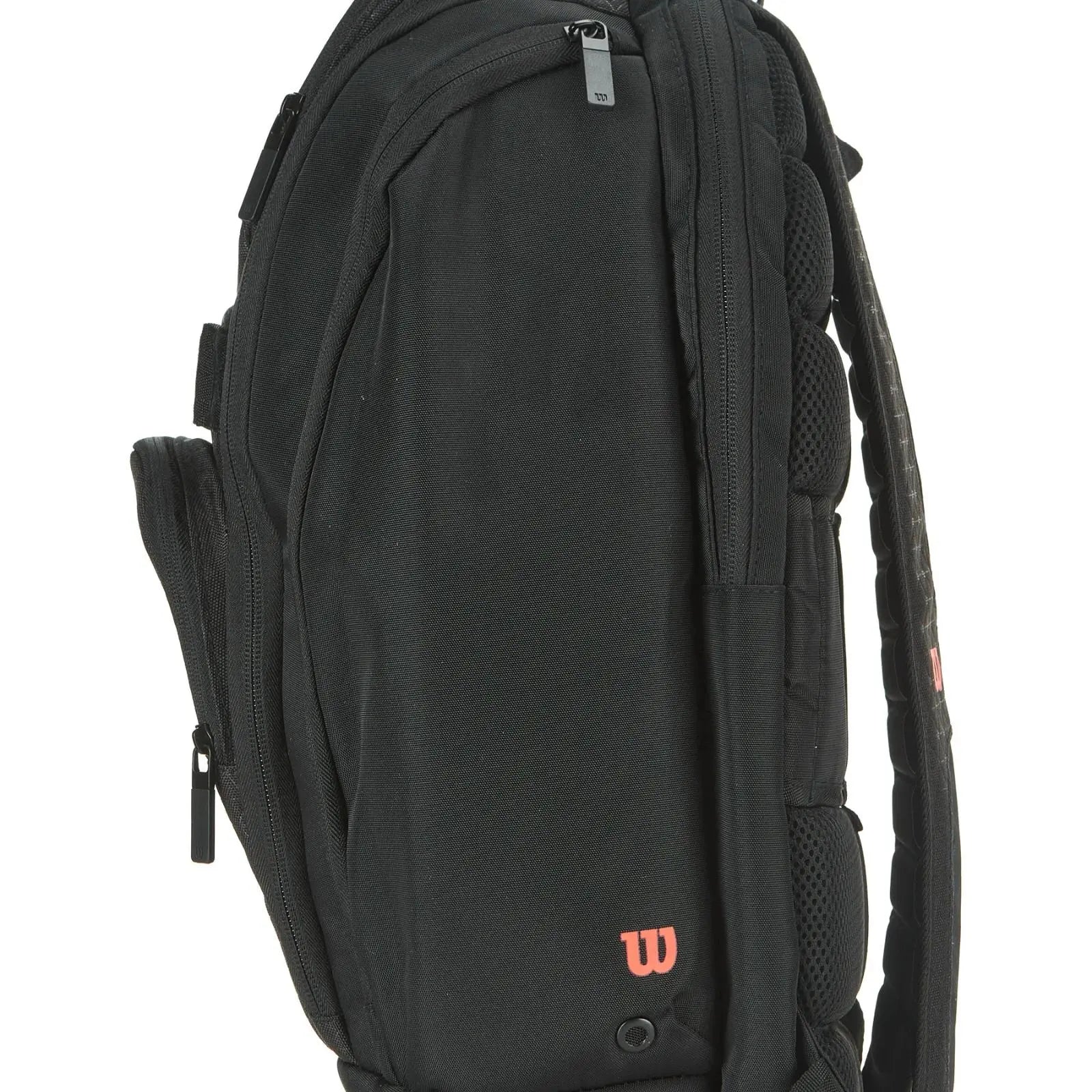 Black Wilson Super Tour Clash v3 tennis backpack with padded straps, multiple zippered compartments, and a red "W" logo.