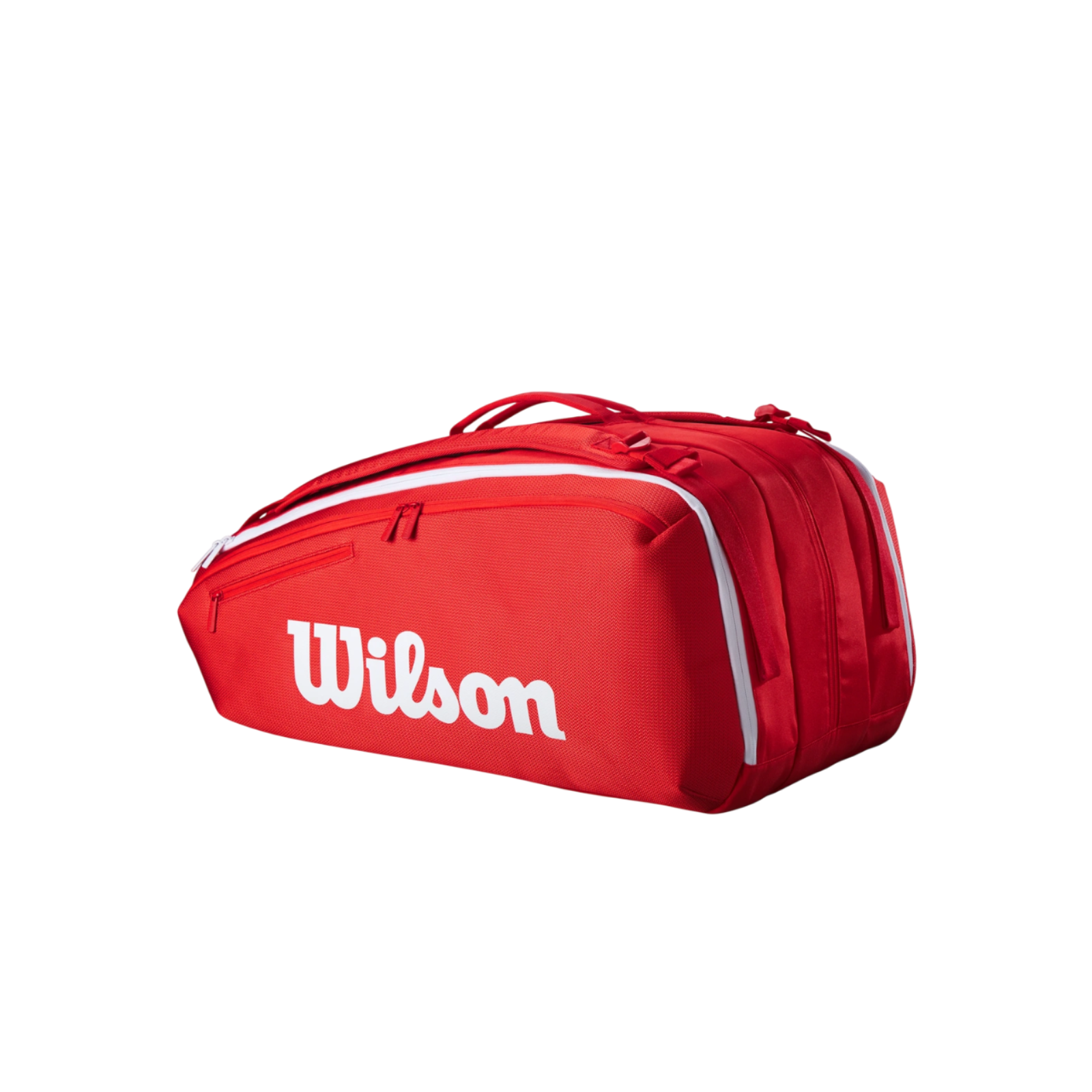 Wilson Super Tour Red 15 Racquet tennis bag with white zippers and logo.