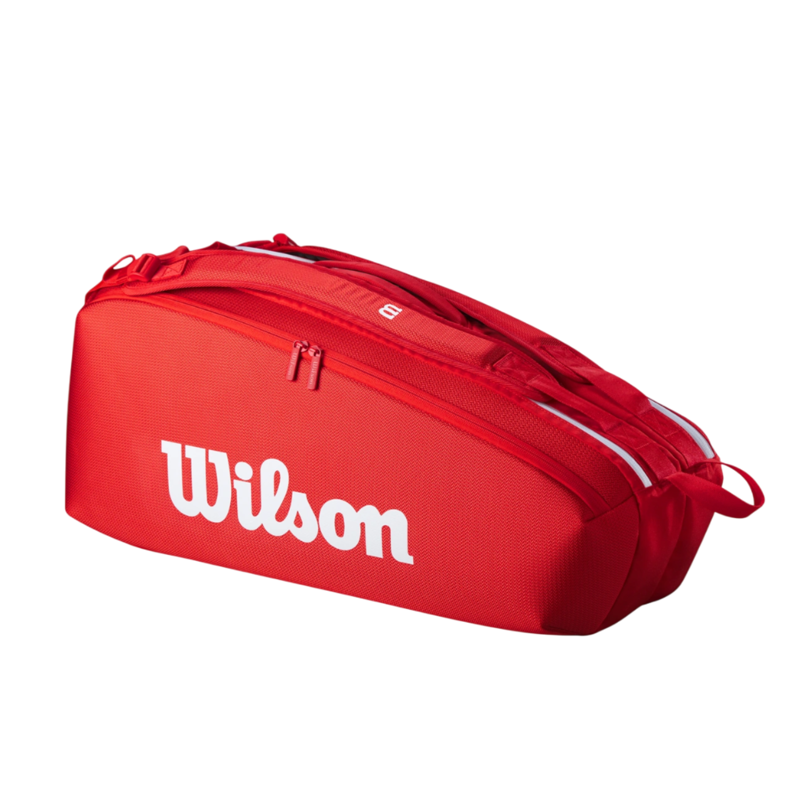 Wilson Super Tour 6 Racquet tennis bag in vibrant red with white logo, zippers, and reflective accents.