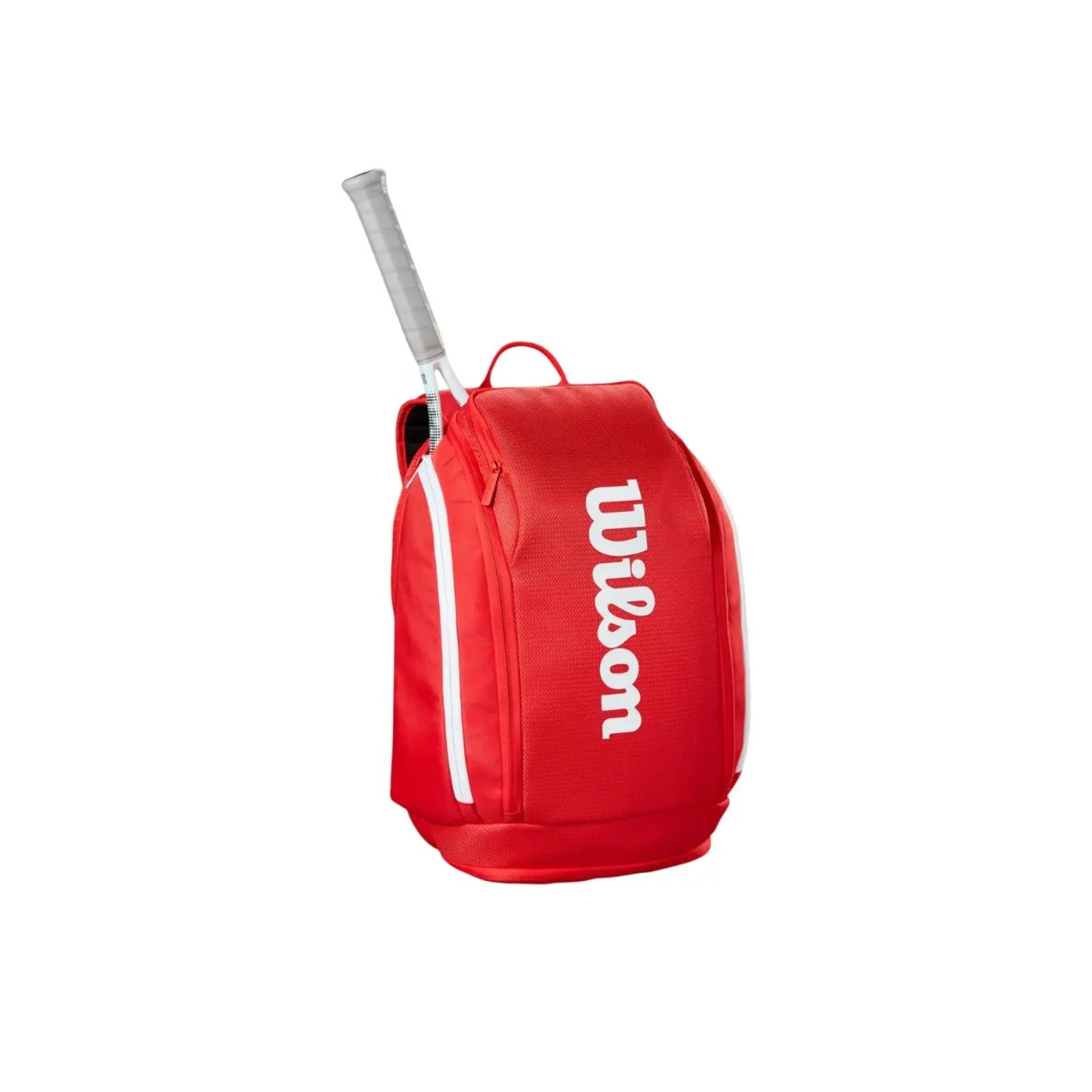 Red Wilson Super Tour tennis backpack with a white logo and a tennis racket handle visible.