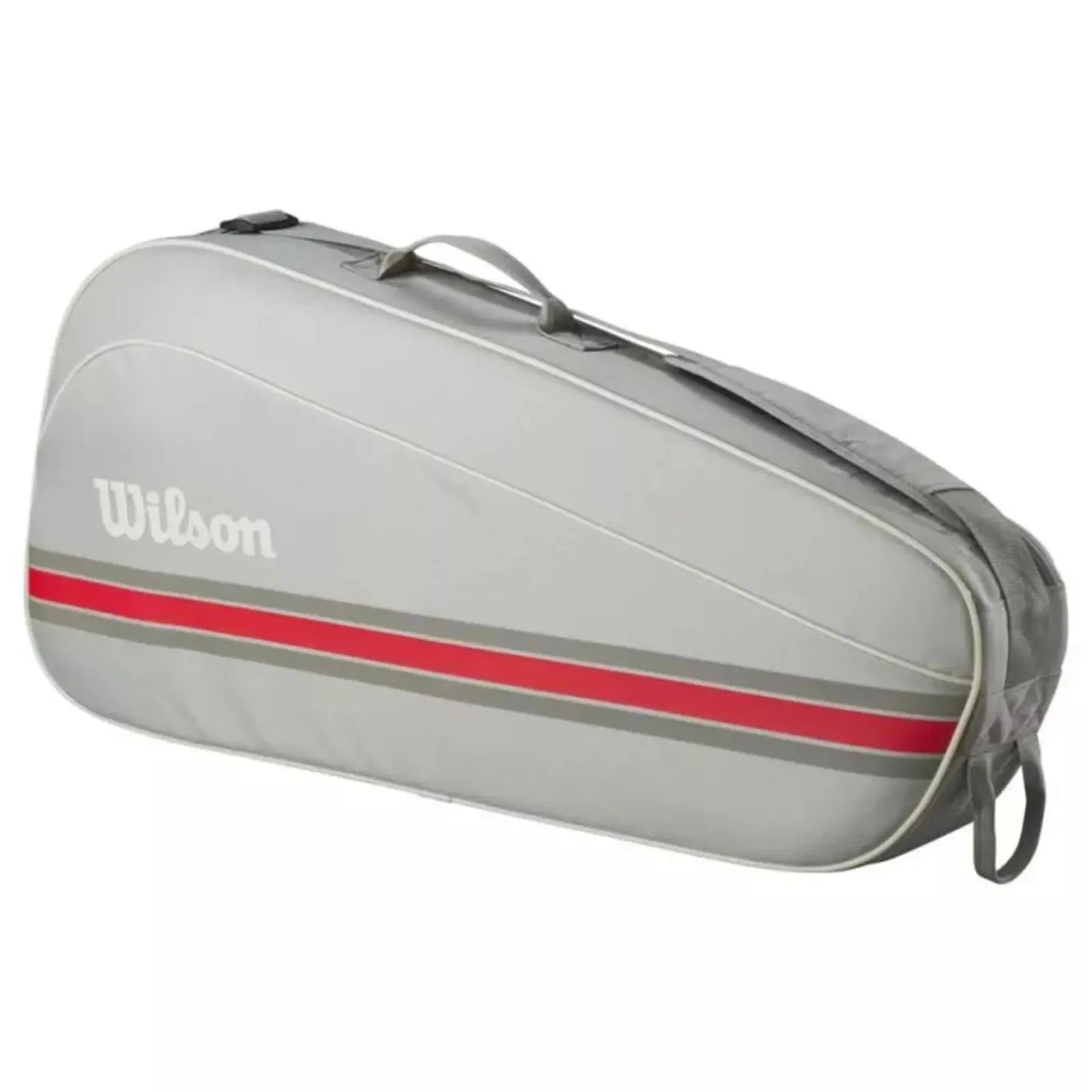 Grey Wilson tennis bag for 3 racquets with red stripes, a padded shoulder strap, and grab handle.