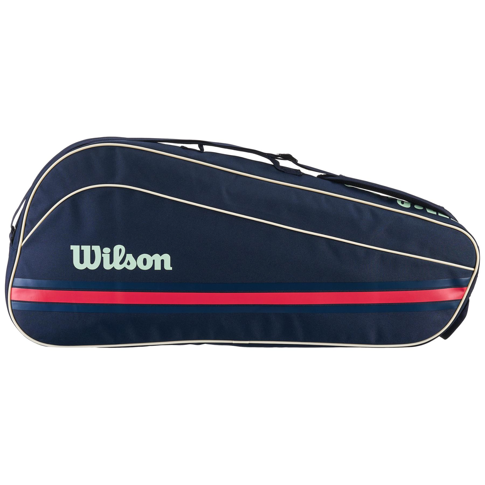 Navy Wilson tennis bag with light blue logo, red and blue stripes, and white piping.