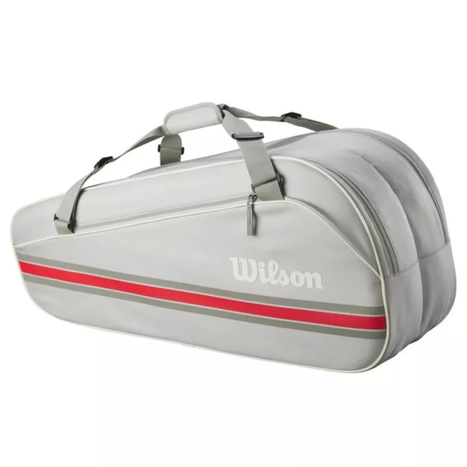 Wilson Team 6 Racquets Grey tennis bag with red and grey stripes, adjustable shoulder straps, and top handle.