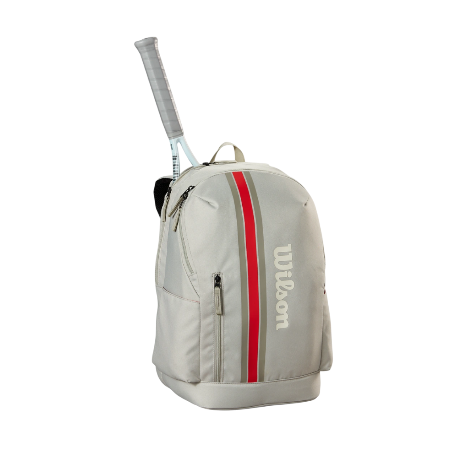 Grey Wilson Team tennis backpack with red and white stripes, holding a racket.