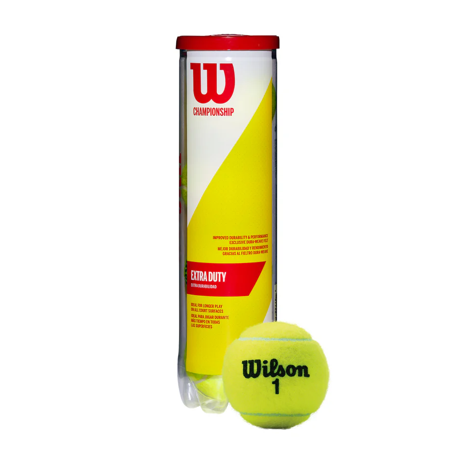 Wilson Championship Extra Duty 4-ball tennis can with one bright yellow tennis ball, featuring black Wilson logo and number 1.