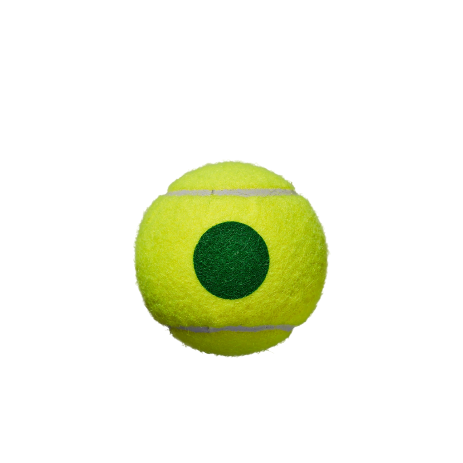 Fuzzy yellow tennis ball with a dark green circular spot in the center, designed for starter play.