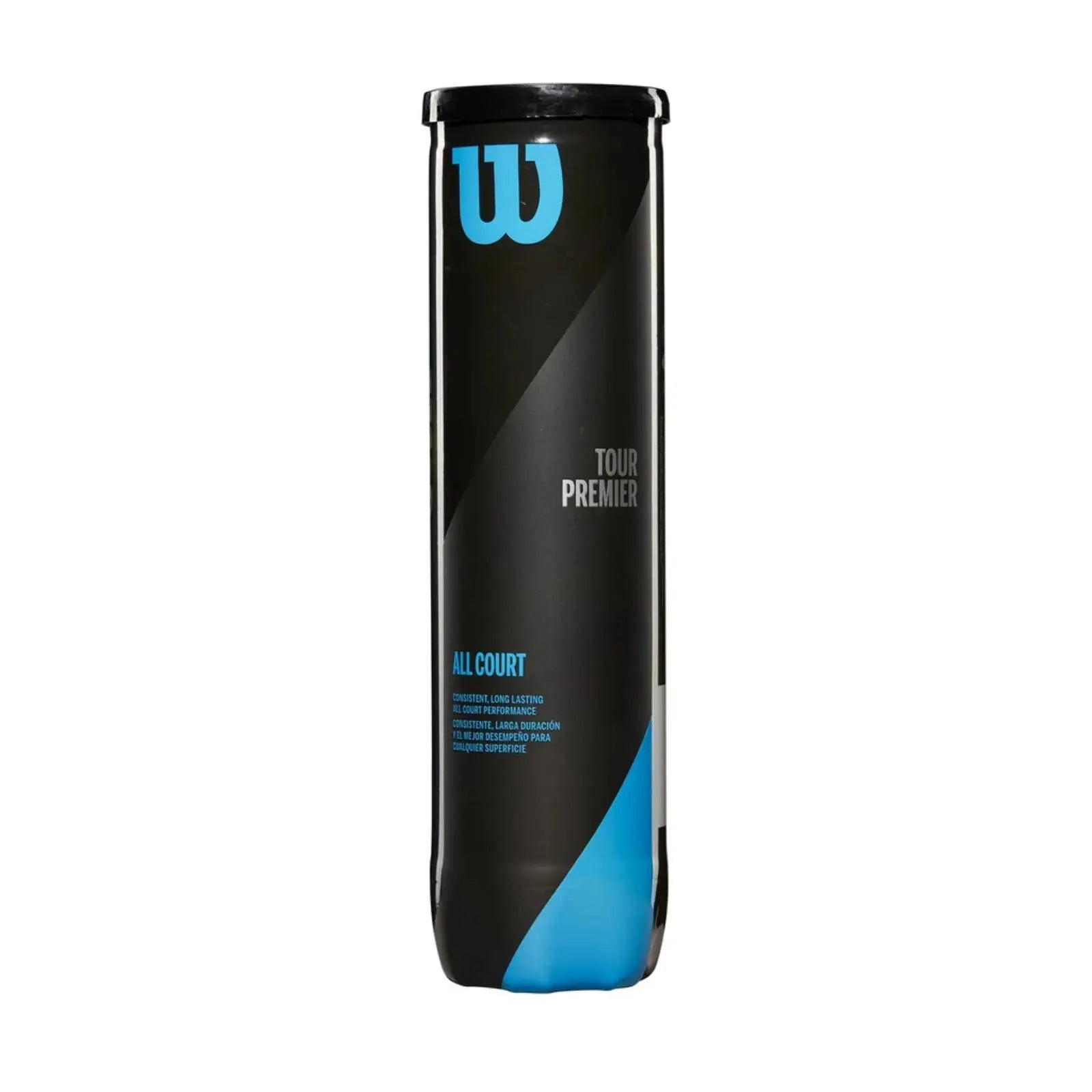 Black Wilson Tour Premier All Court 4-ball can with blue logo and text, featuring a sleek design.