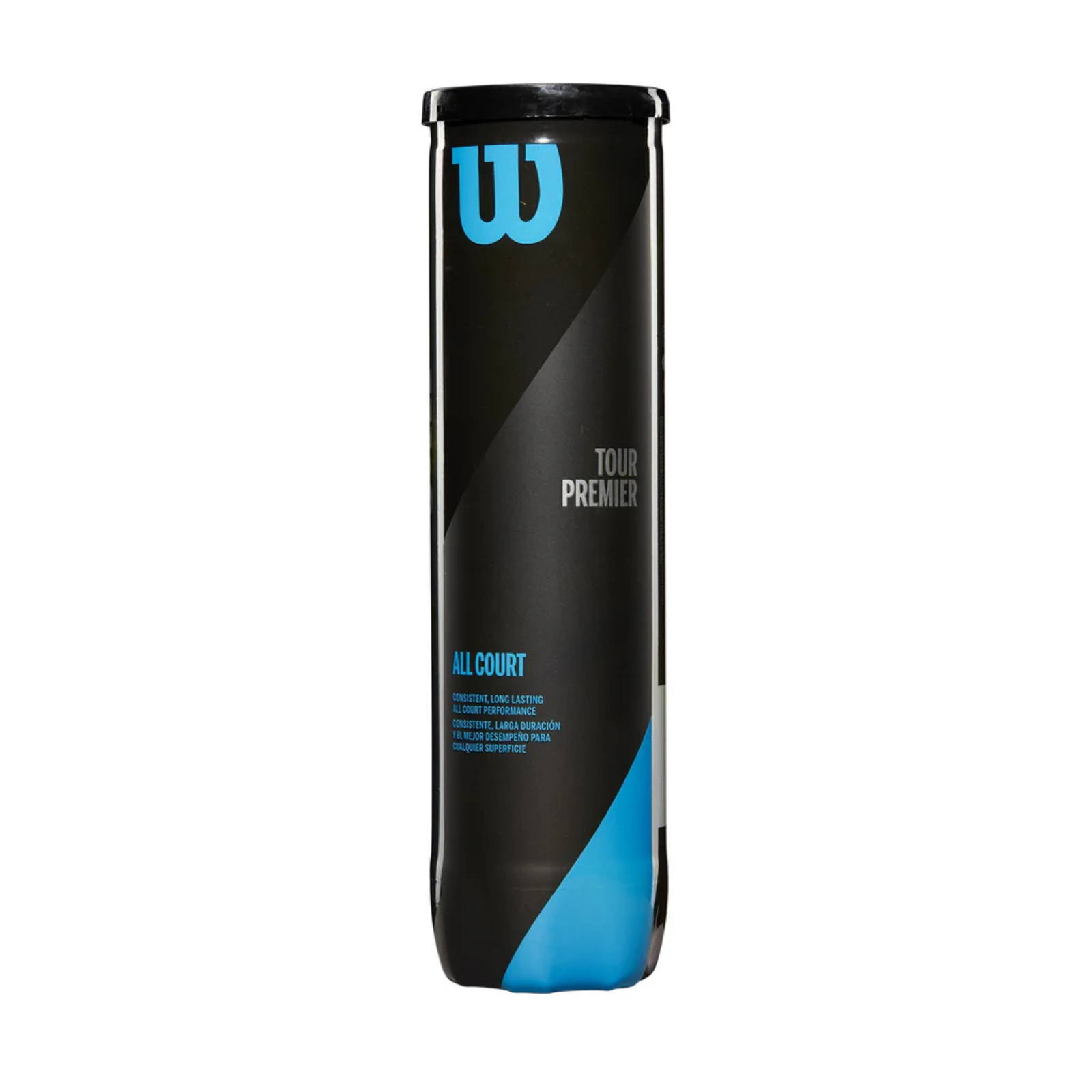 Black Wilson Tour Premier All Court 4-ball can with blue logo and text, featuring a sleek design.