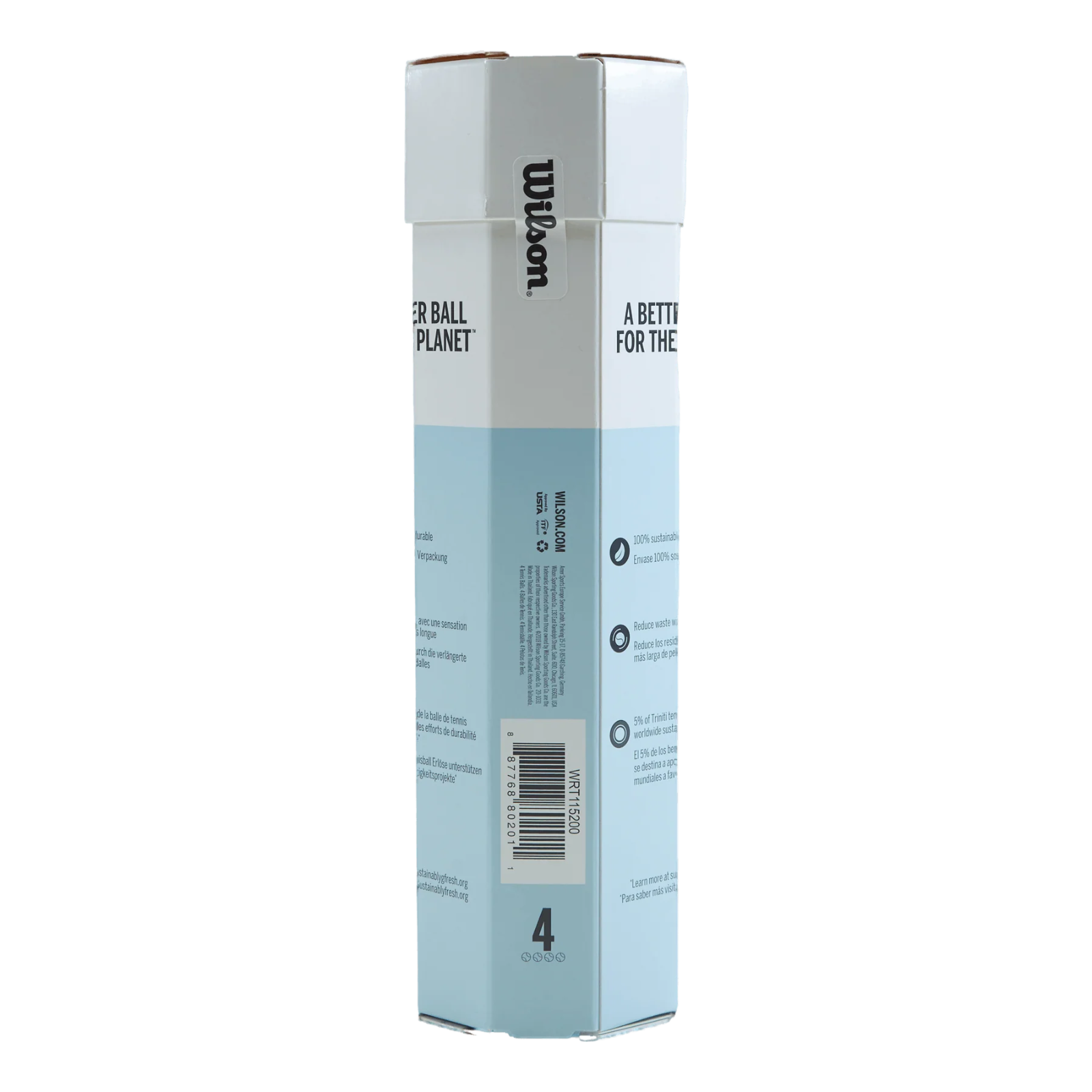 White and light blue Wilson Triniti All Court 4-ball tennis ball tube with text and barcode.