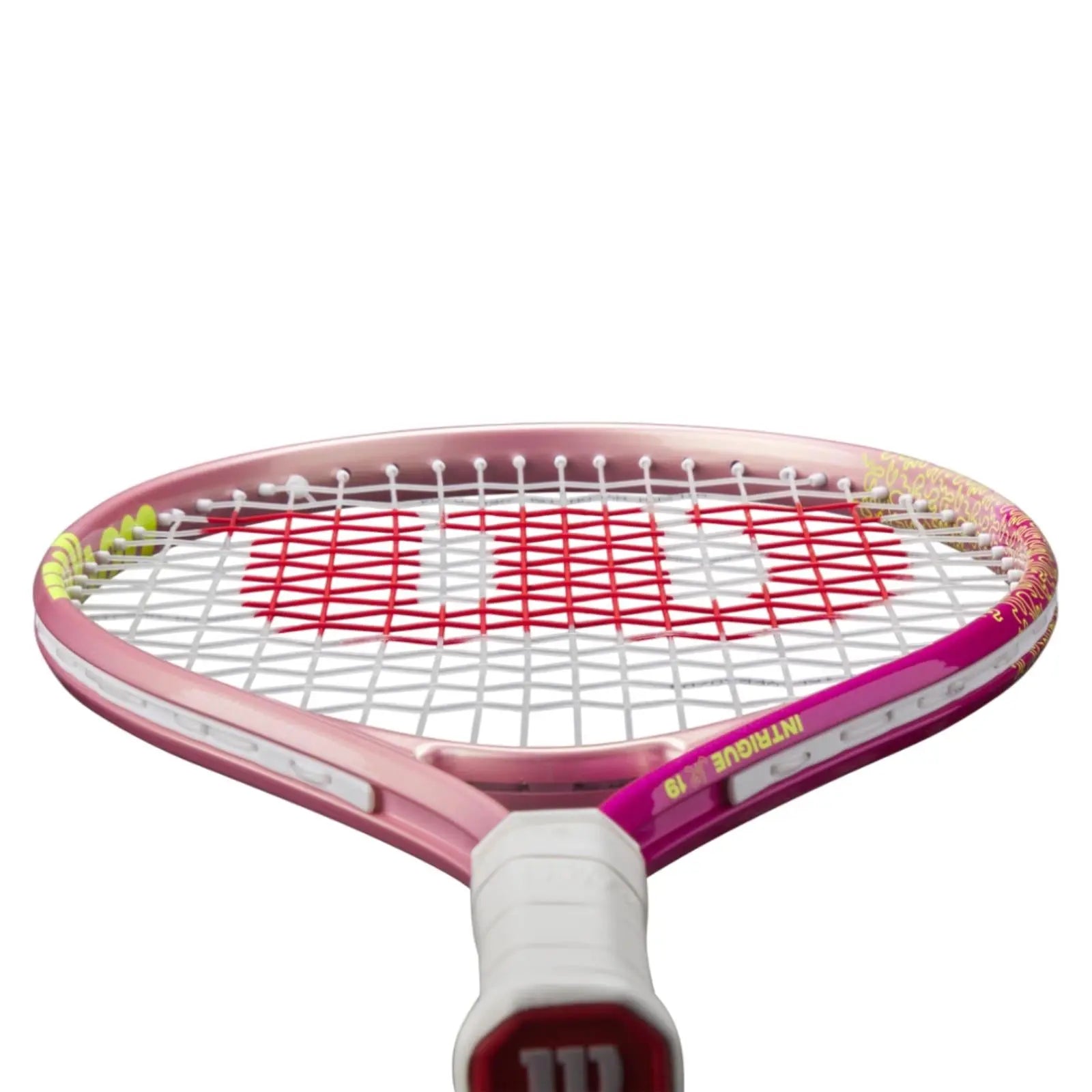 Pink Wilson Intrigue Jr 19 tennis racquet with white grip, red strings, and yellow accents.