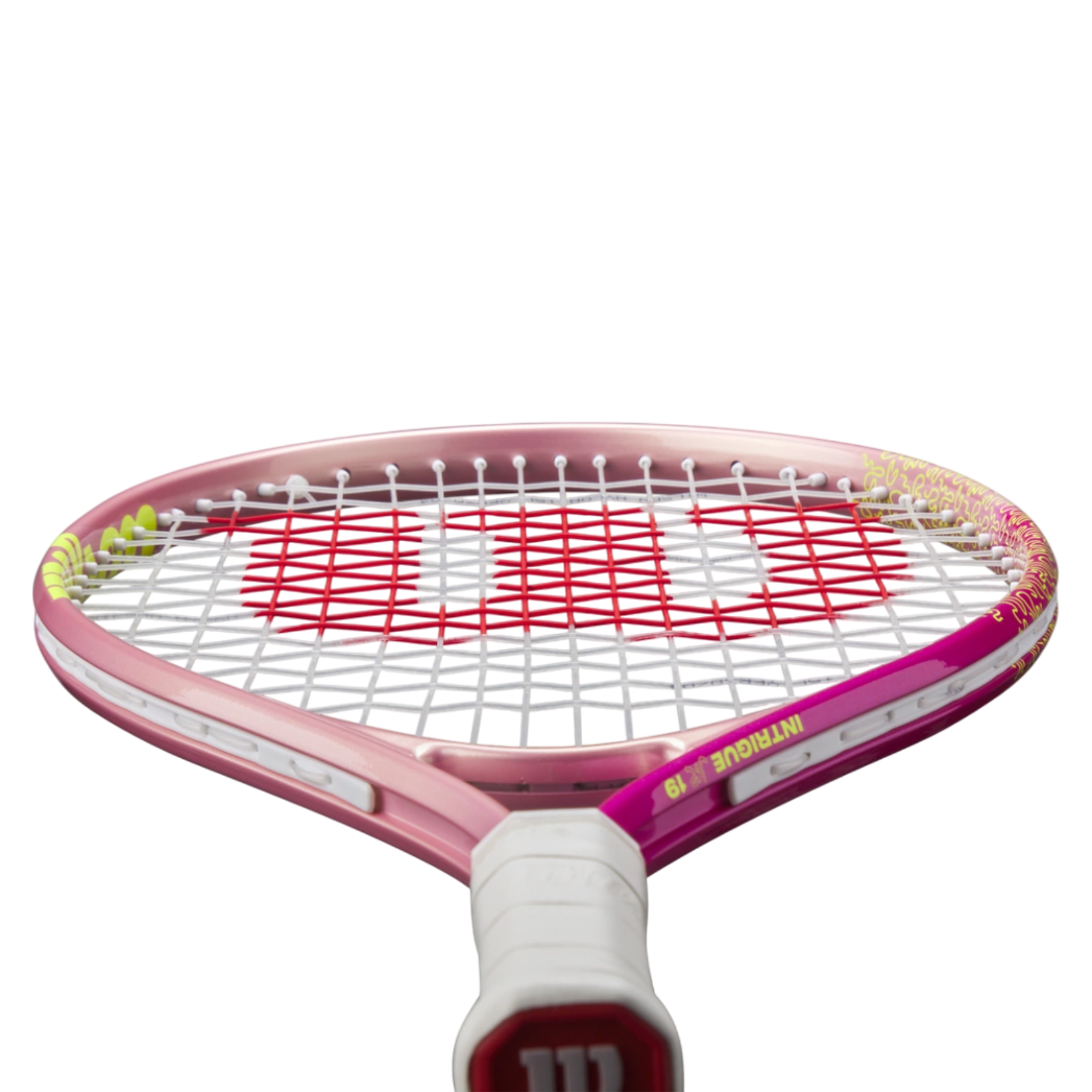 Pink Wilson Intrigue Jr 19 tennis racquet with white grip, red strings, and yellow accents.