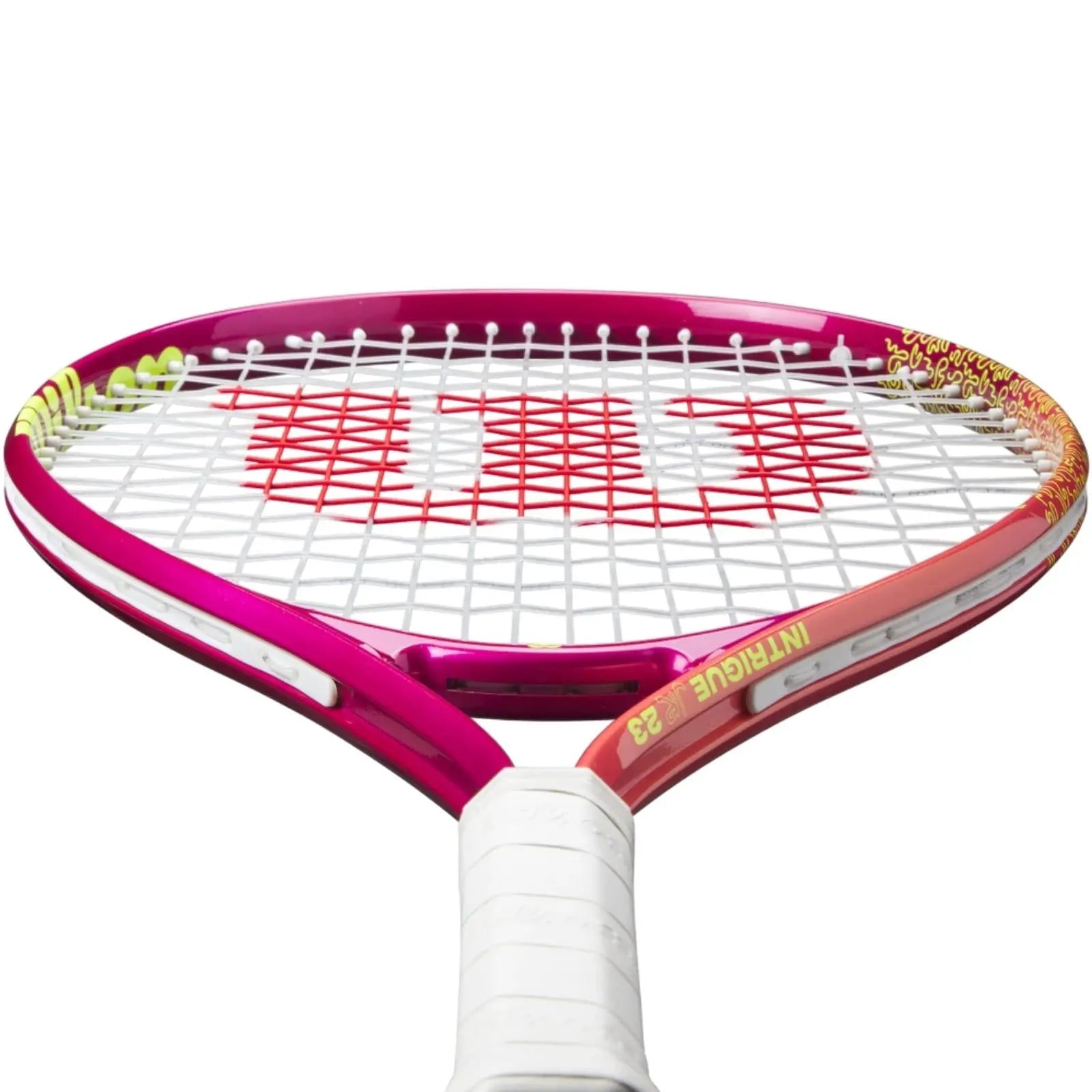 Wilson Intrigue Jr 23 tennis racquet with pink-to-orange fade frame, white strings, and red "W" logo.
