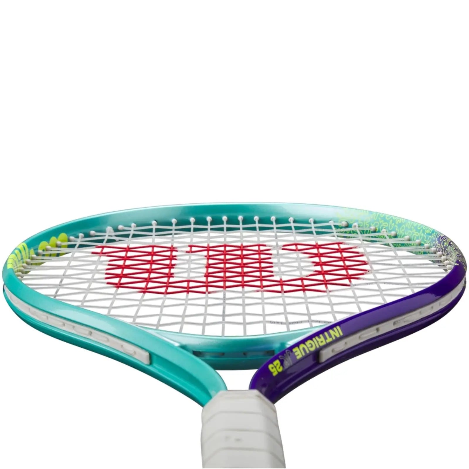 Wilson Intrigue Jr 25 tennis racquet with a teal and purple frame, white strings, and red Wilson logo.