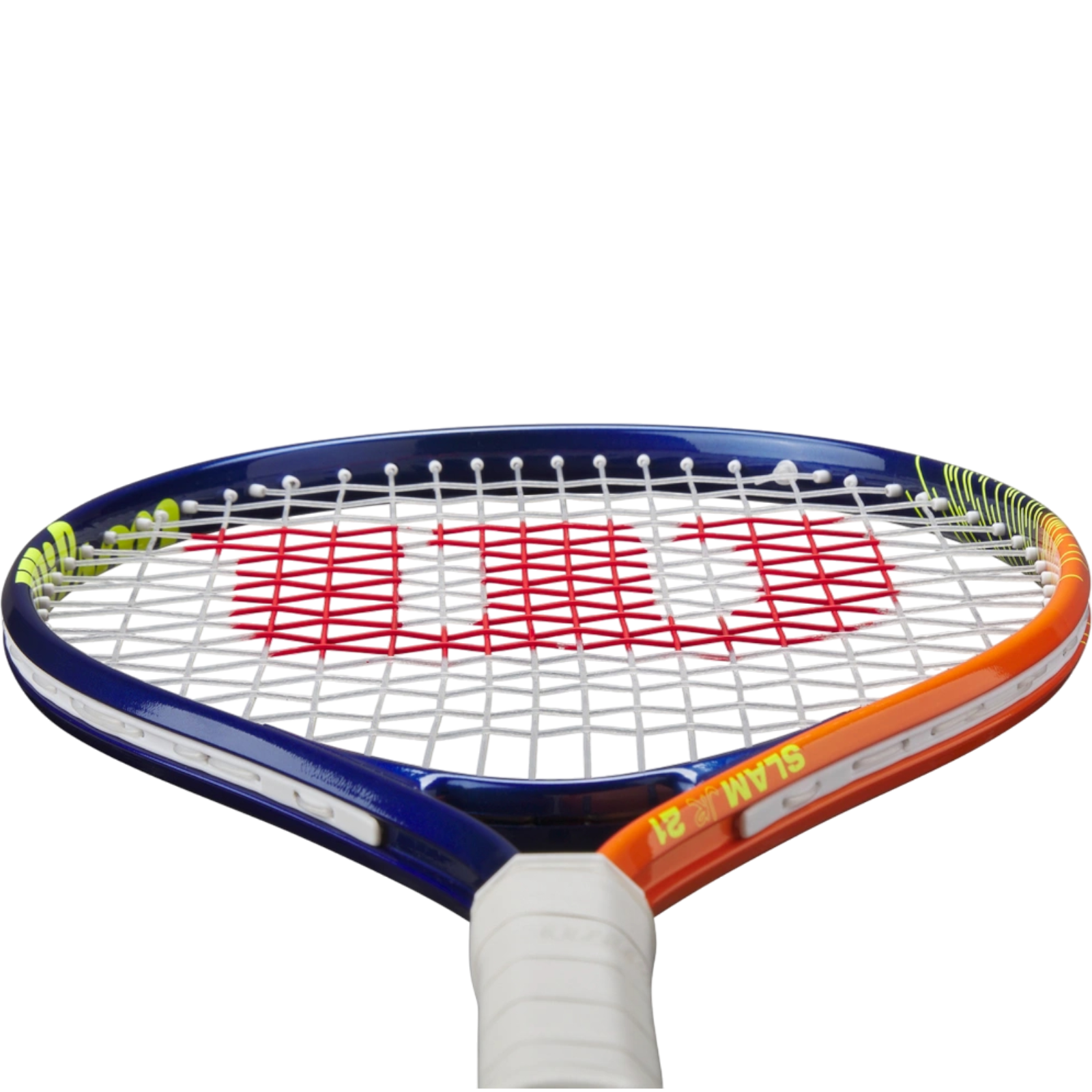 Wilson Slam Jr 21 junior tennis racquet with blue and orange frame, white strings, and red Wilson logo.
