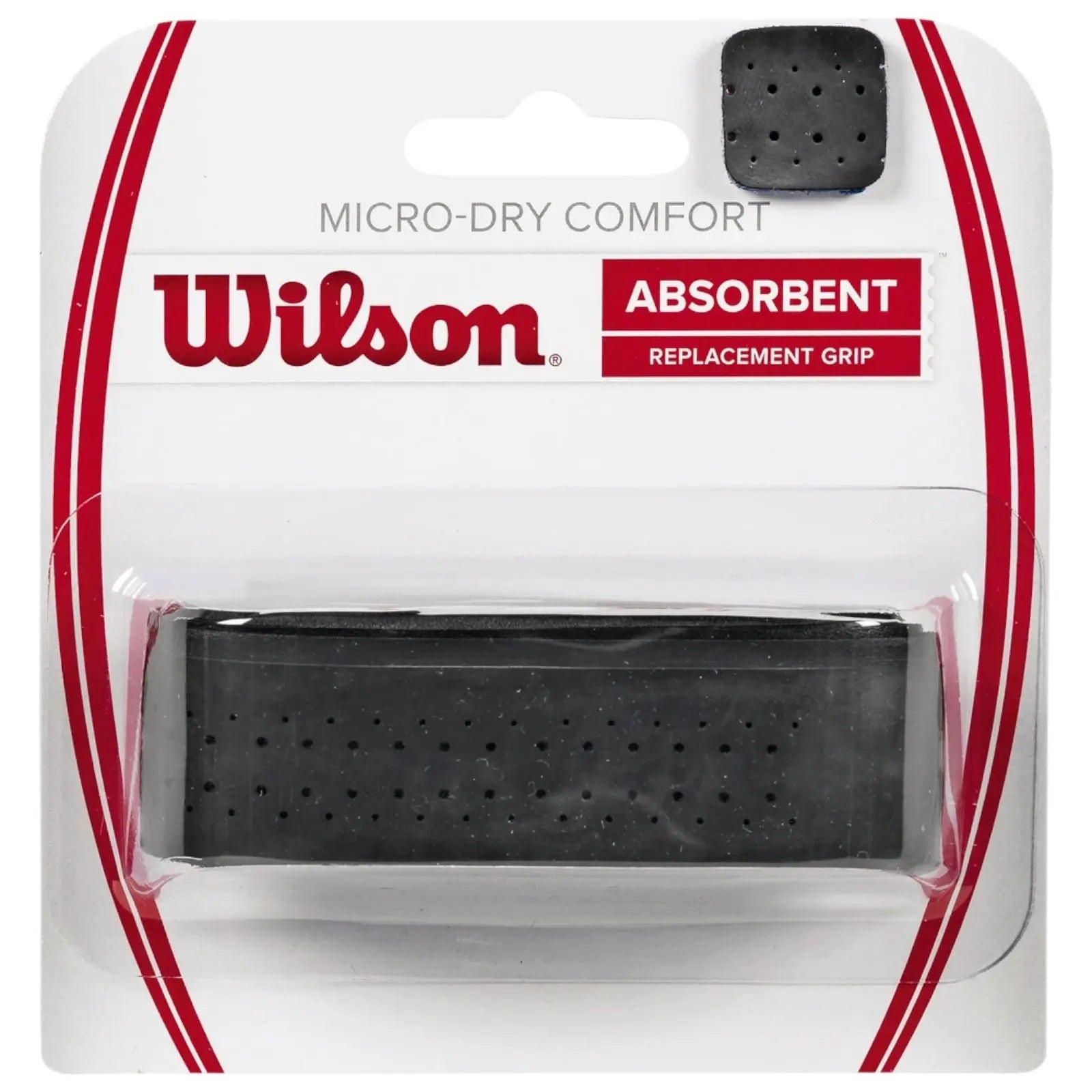 Wilson Micro-Dry Comfort black tennis replacement grip in packaging, showing perforated surface and absorbent material.