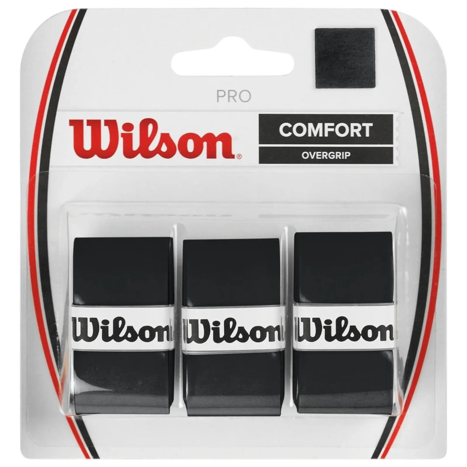 Three black Wilson PRO Comfort tennis overgrips in clear packaging, with red and black branding.