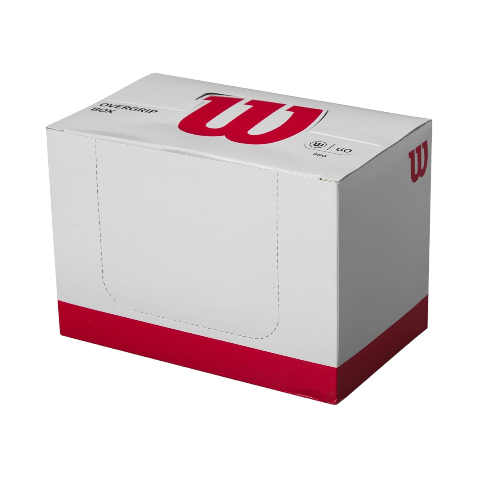 White Wilson Tennis PRO Overgrip Box with red logo, containing 60 pieces, for tennis players.
