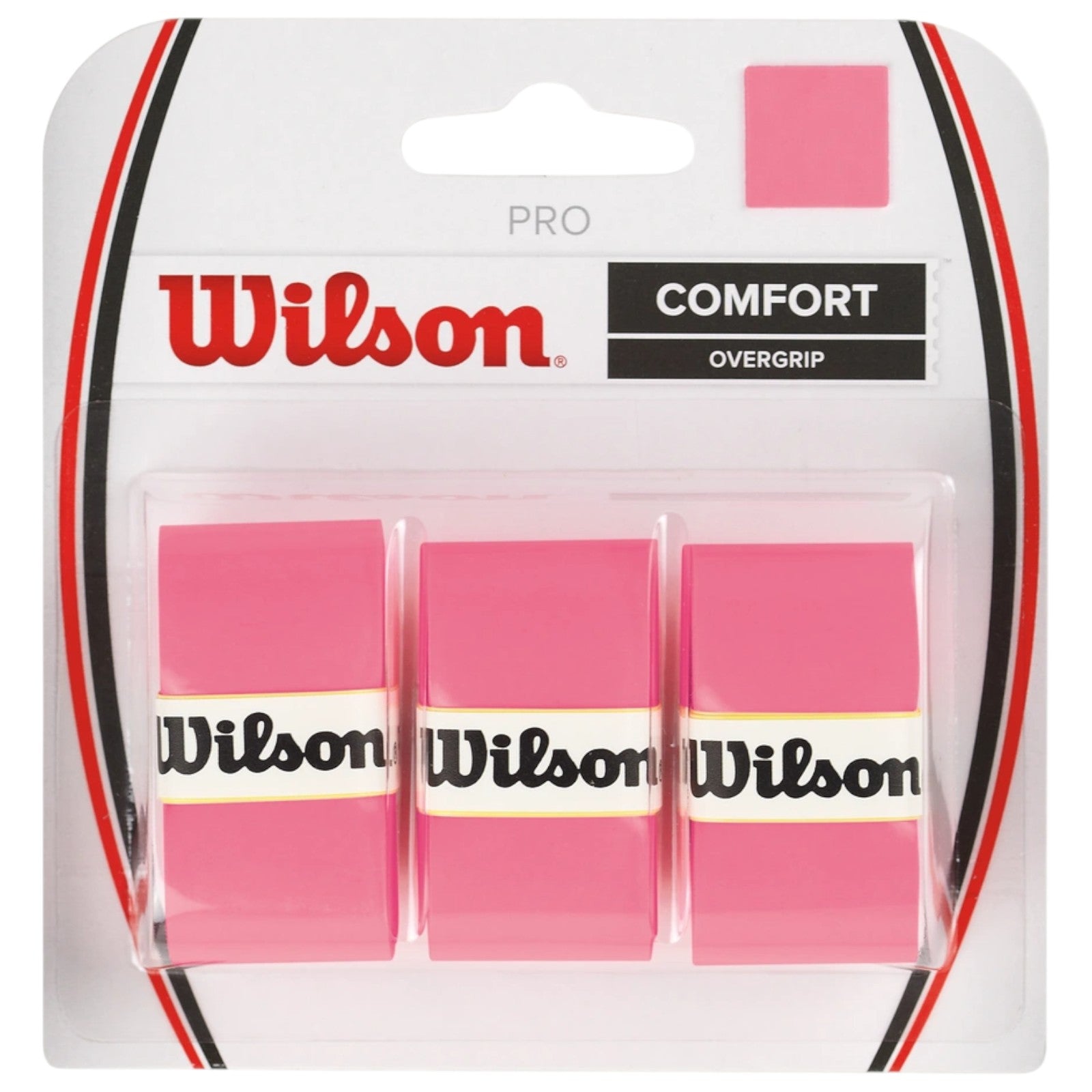 Wilson PRO Comfort pink tennis overgrip 3-pack, individually wrapped in clear plastic on a white card.