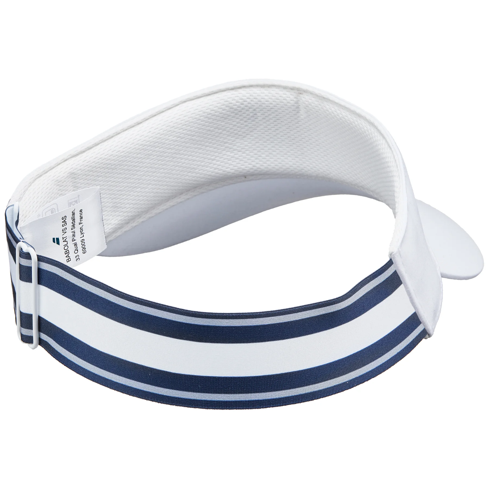 White Babolat Elastic Visor with a pre-shaped bill and navy blue striped adjustable elastic back strap.