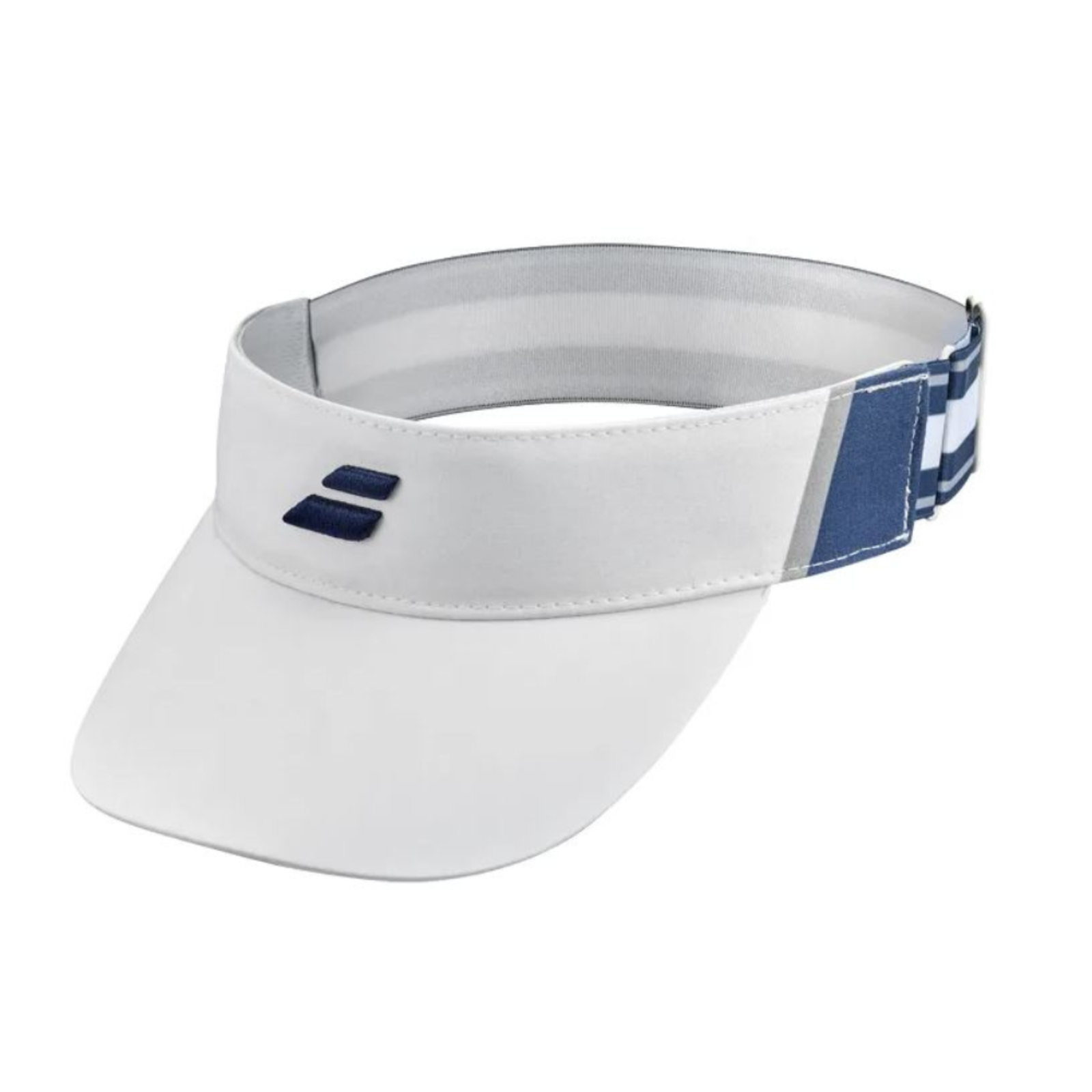 White Babolat Elastic Visor with blue logo and striped elastic back strap.
